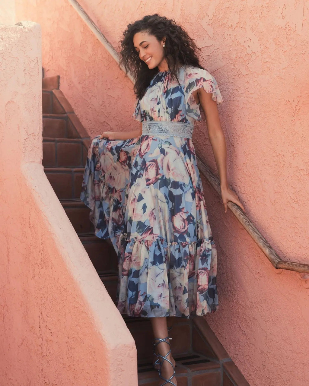 Multicolor Floral Chiffon High Neck Flutter Sleeve Dress