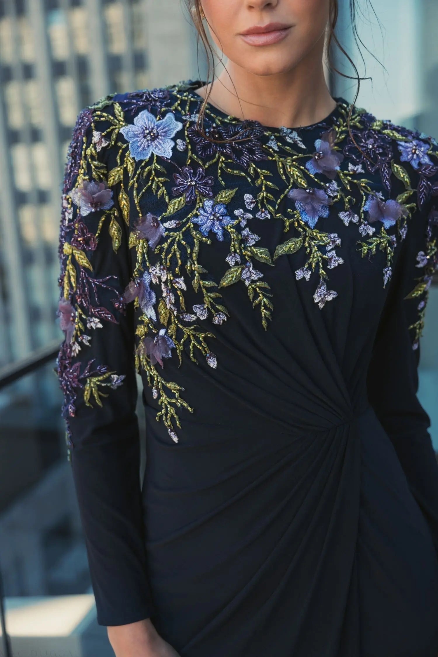 Navy Embellished Long Sleeve Fitted Jersey Gown