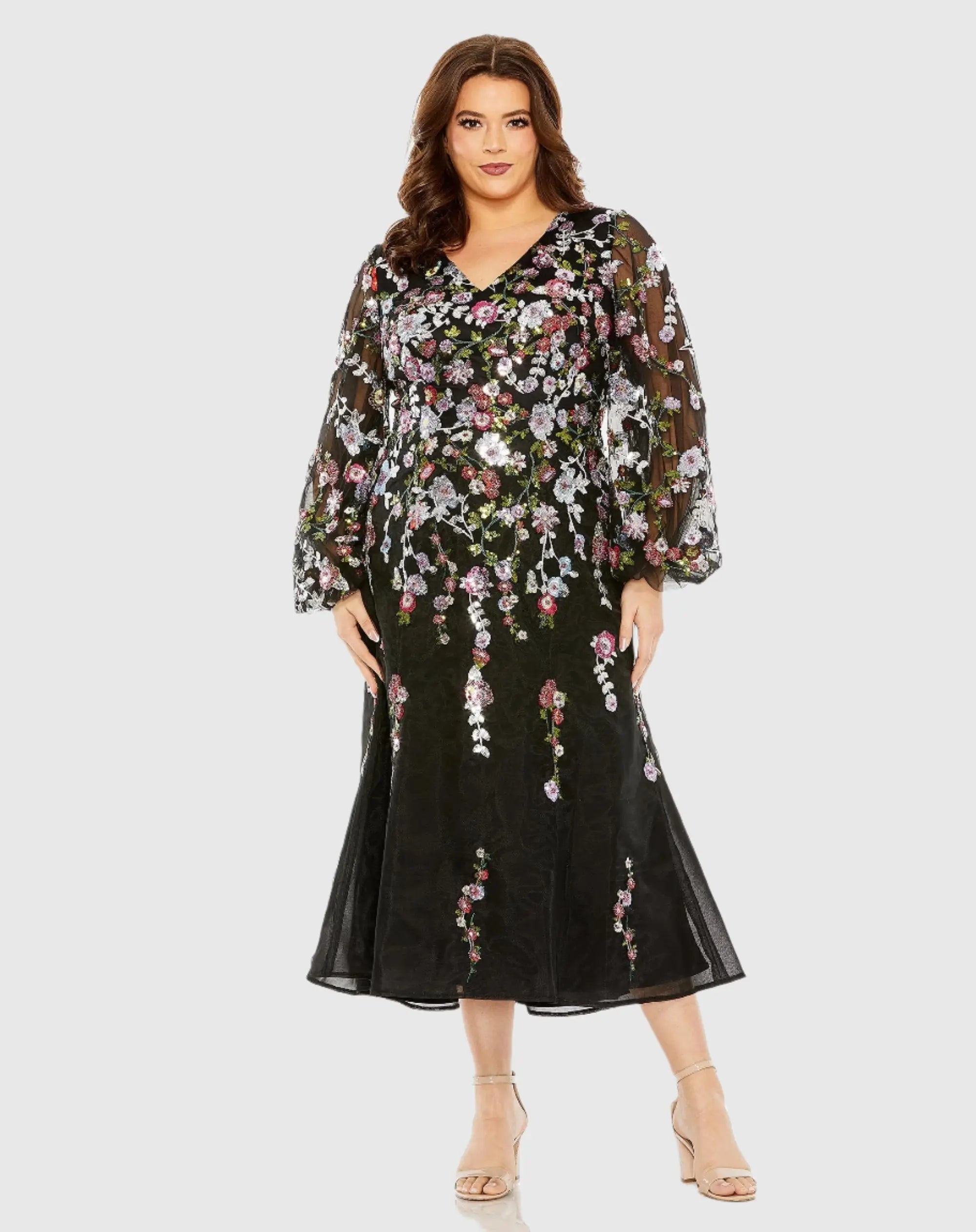 Black Puff Sleeve Embellished A Line Dress