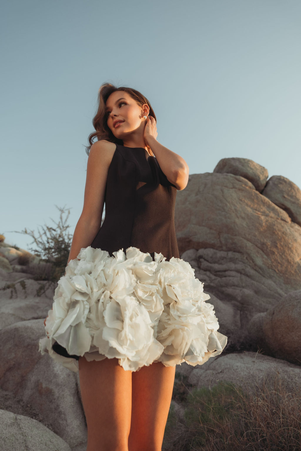 Black and White Sleeveless Mini Dress with 3D Floral Skirt