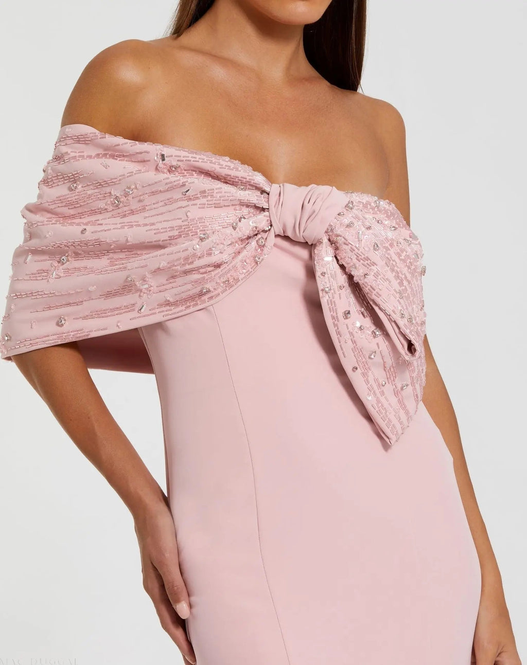 Pink Beaded Off-the-Shoulder Satin Trumpet Gown
