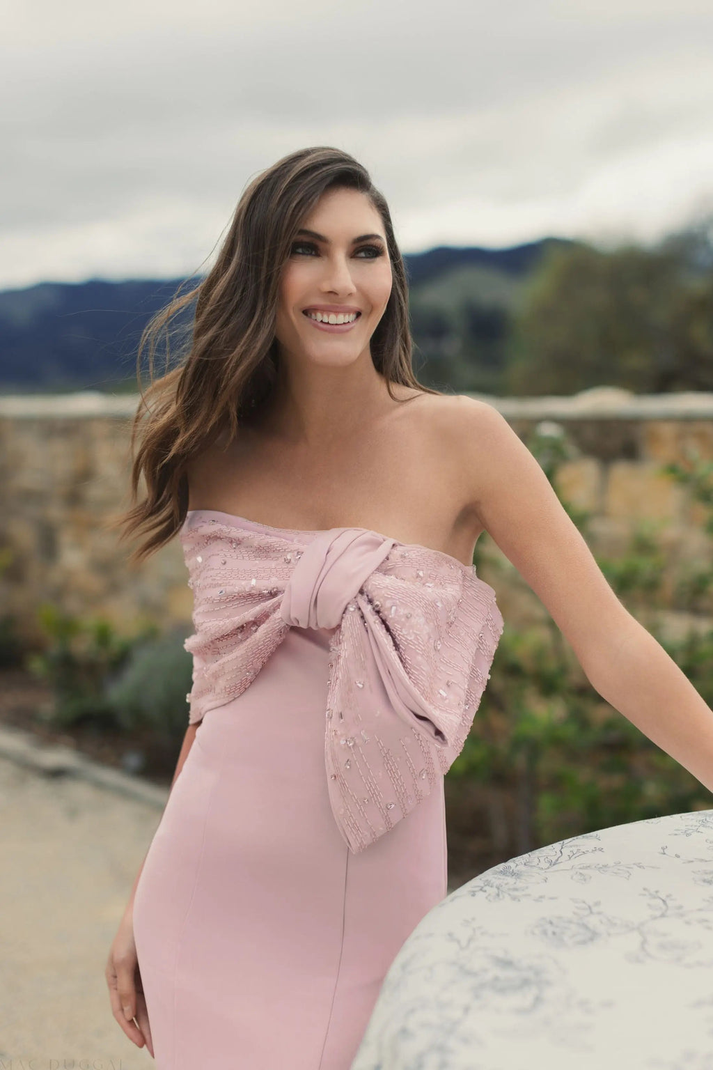 Pink Beaded Off-the-Shoulder Satin Trumpet Gown