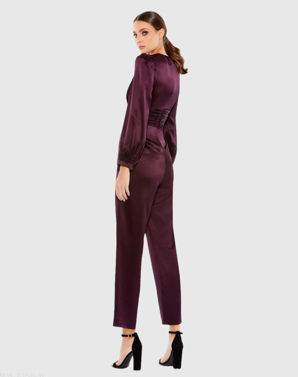 Purple Front Twist Puff Sleeve Deep V Jumpsuit