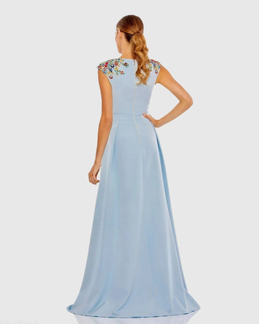 Dark Blue Beaded Cap Sleeve V Neck A Line Gown