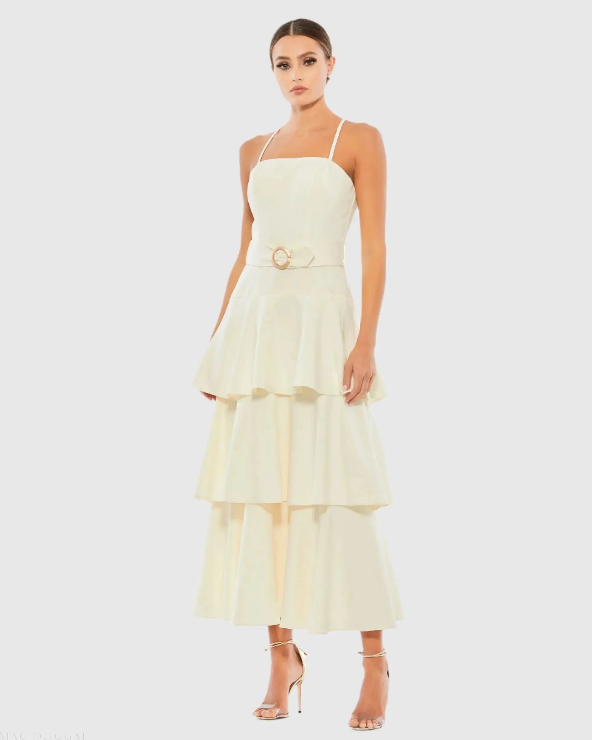 White Belted Tiered Ruffle Sleeveless Midi Dress