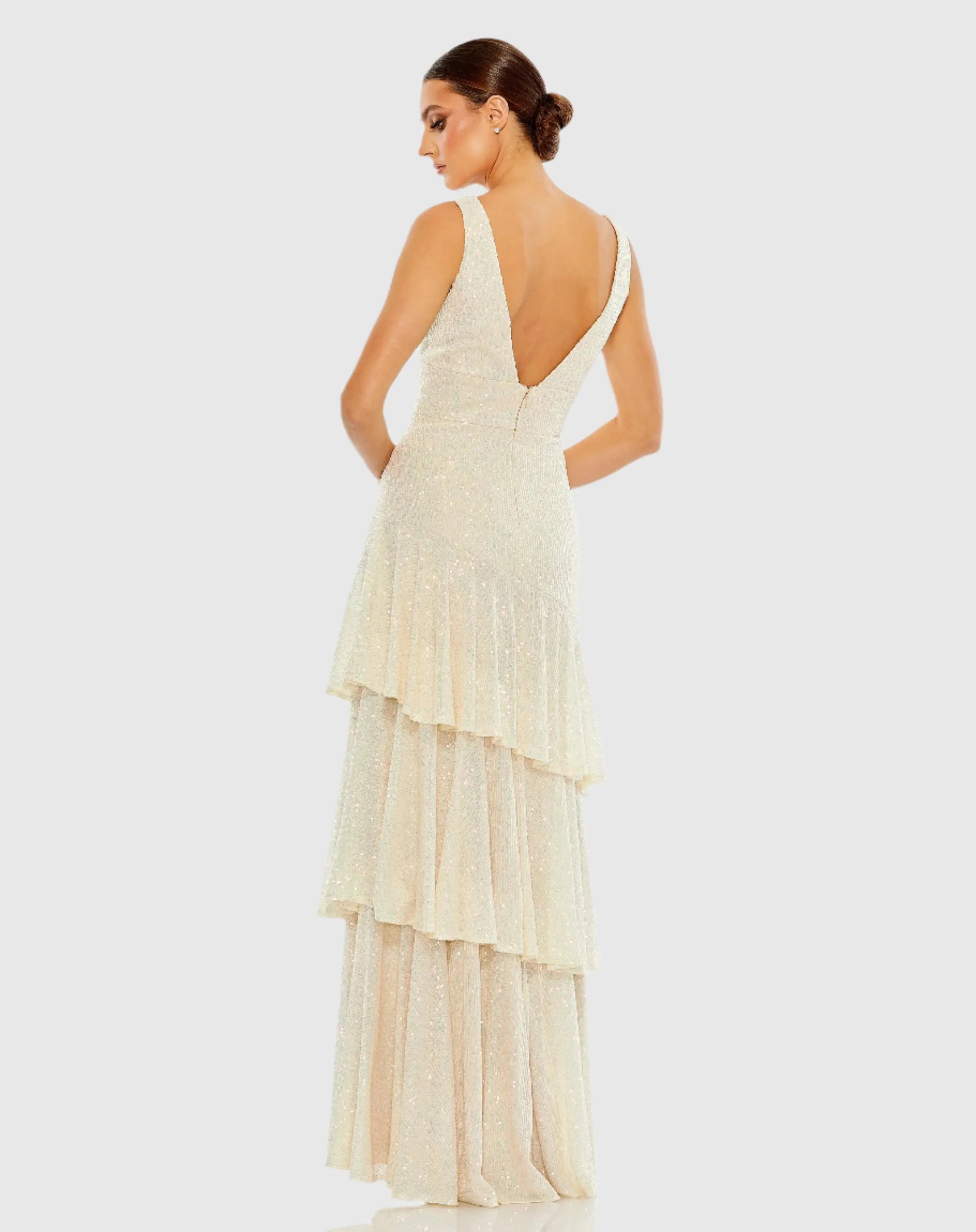 Beige Sequin Asymmetrical Ruffle Tiered Gown