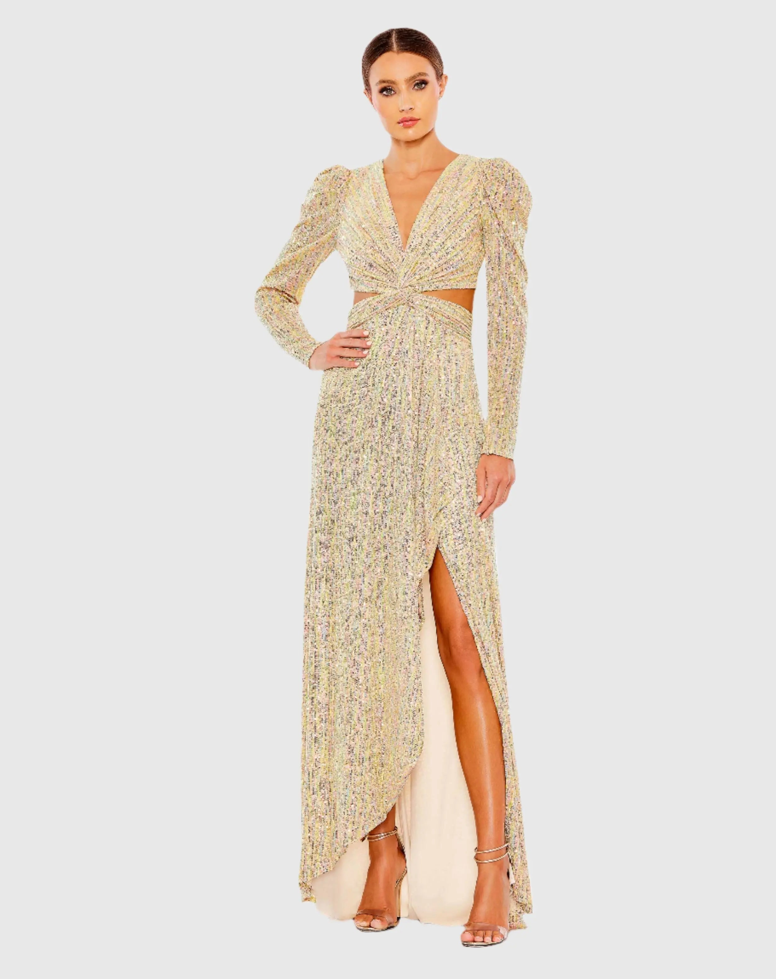 Gold Metallic Puff Sleeve Front Twist Cut Out Gown