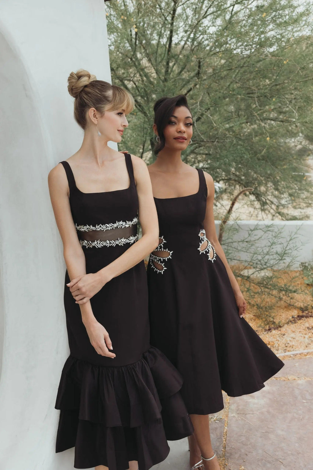 Black Sleeveless Crepe Rhinestone Cutout Midi Dress