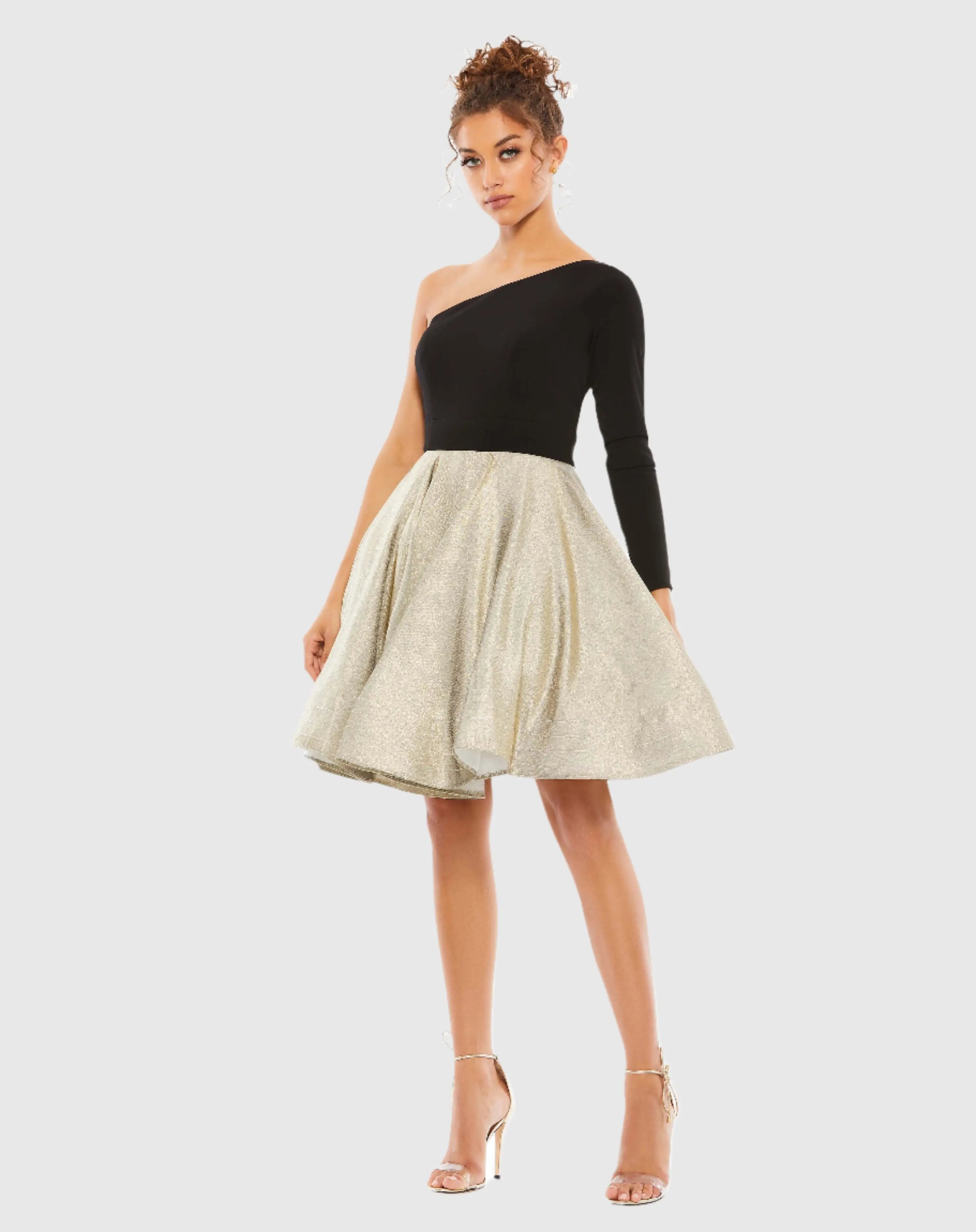 Black and Gold One Shoulder A-Line Dress