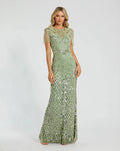 Green High Neck Beaded Fringe Fitted Gown