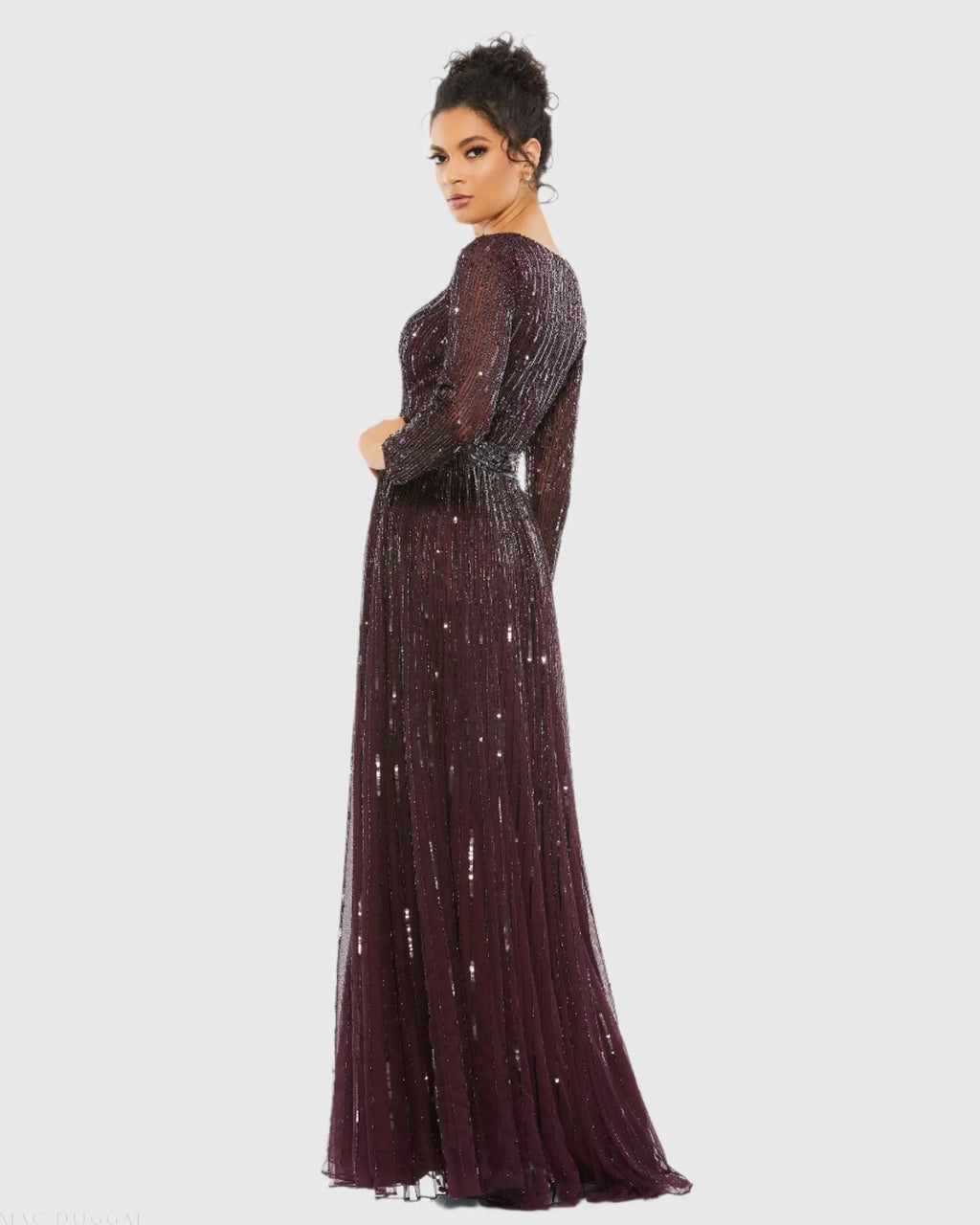 Red Sequined V Neck Illusion Sleeve A Line Gown