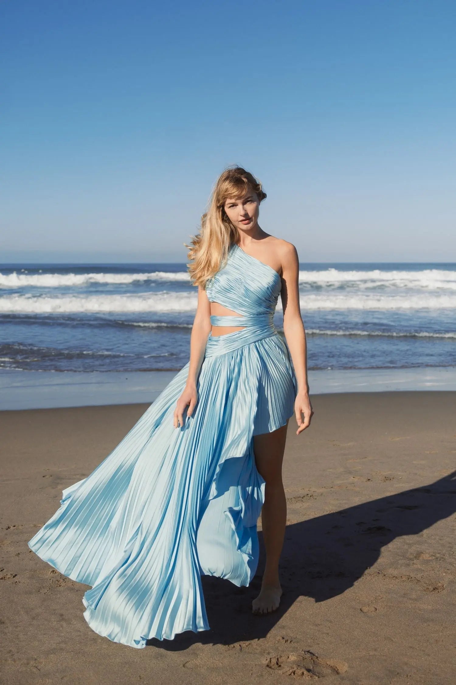 Blue One Shoulder Pleated Charmeuse High Low Gown