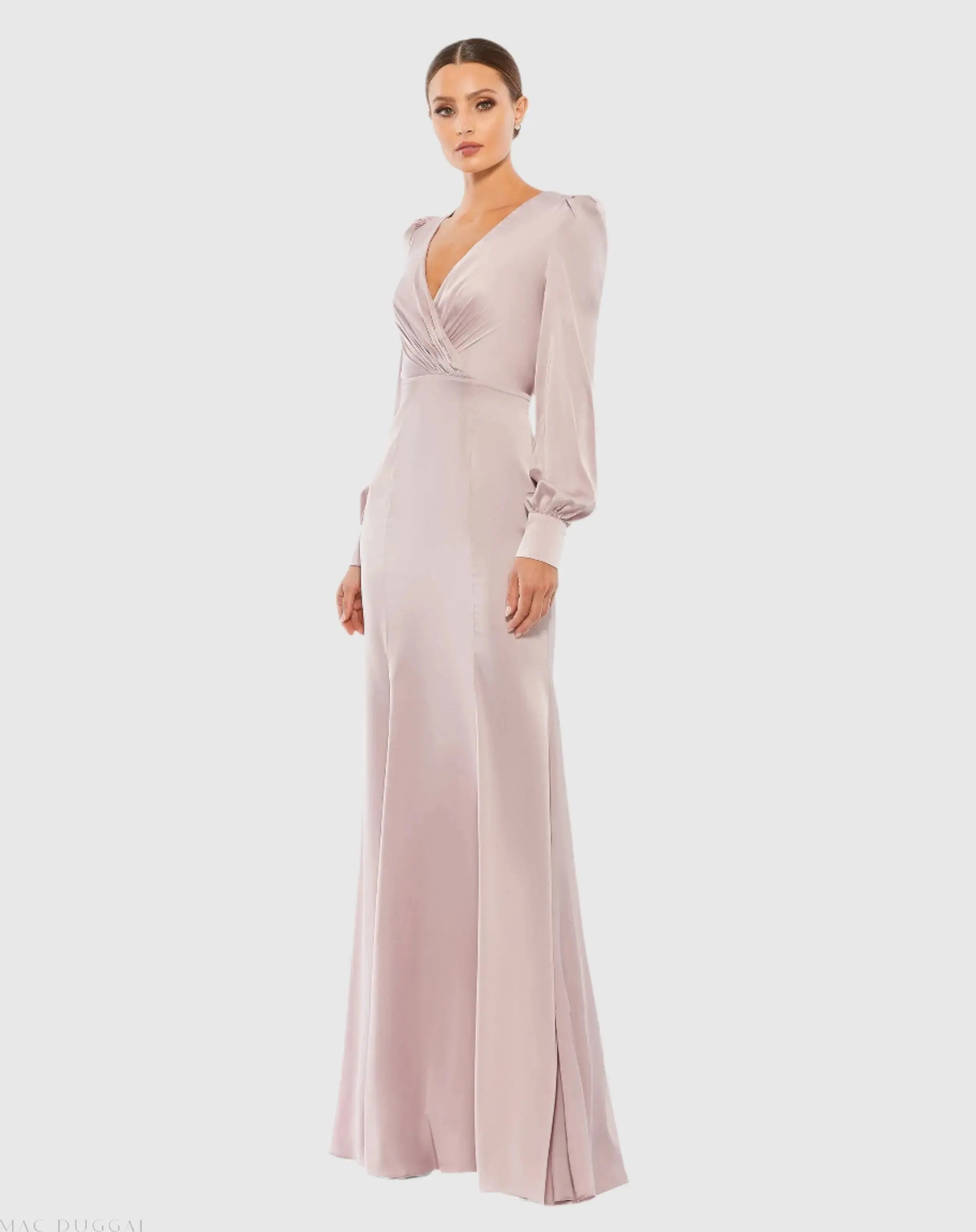 Pink Satin Ruched Bishop Sleeve Gown