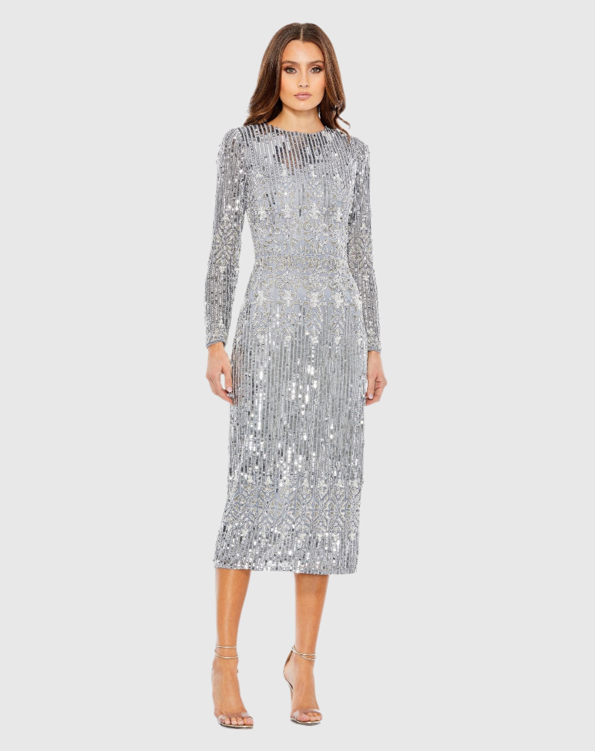Blue Embellished Long Sleeve High Neck Sheath Dress