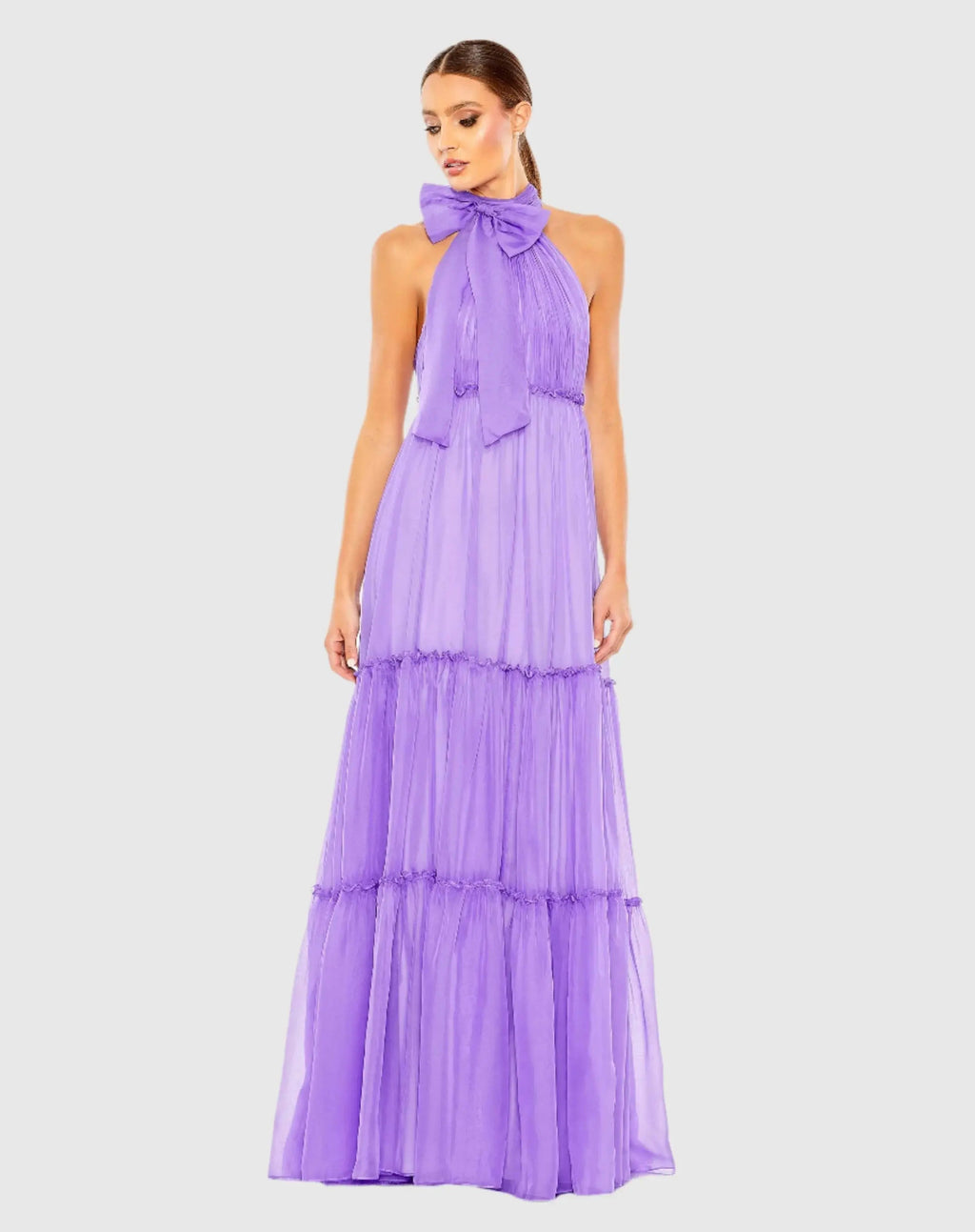 Ruched Tiered High Neck Bow A Line Gown