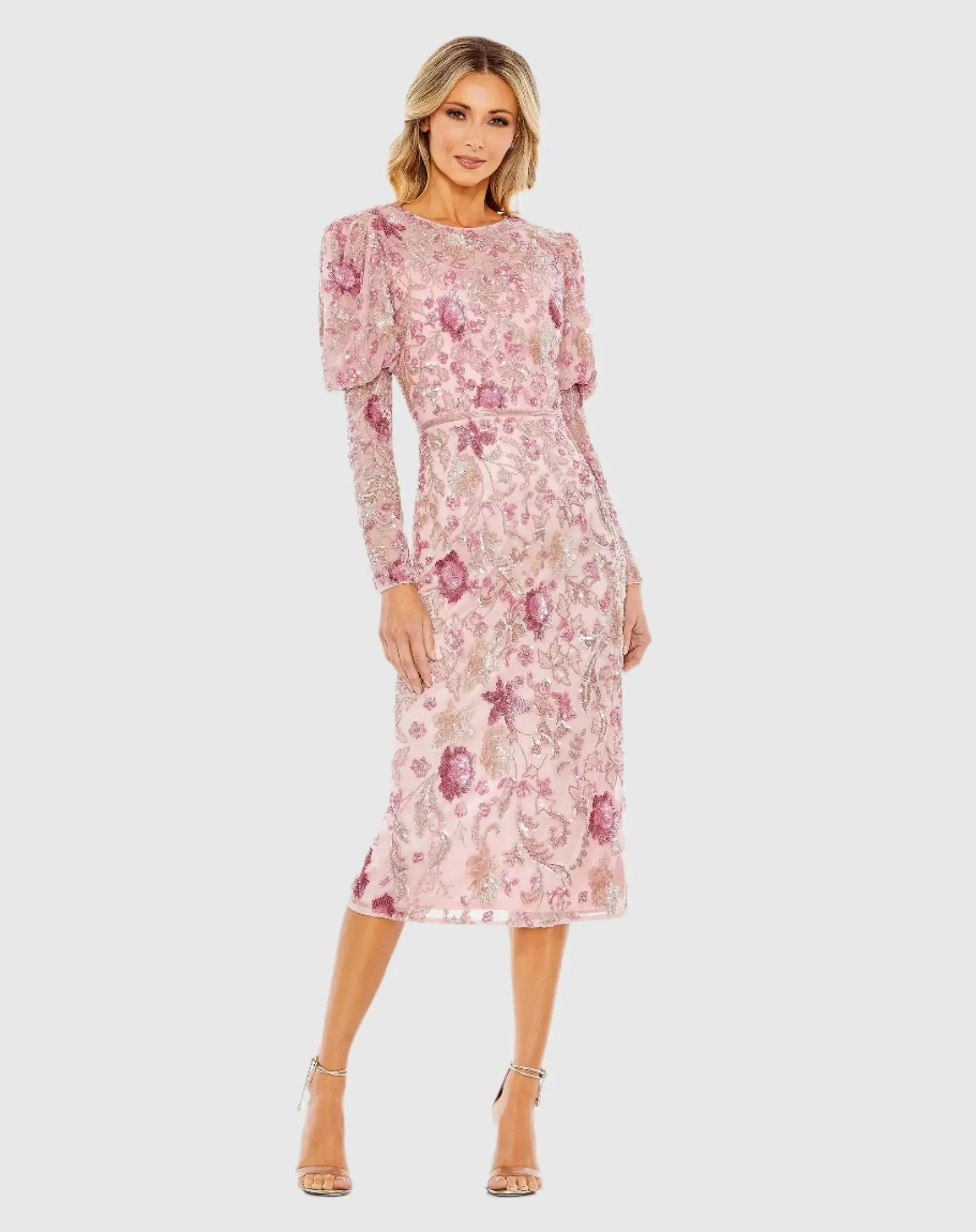 Pink Embellished Puff Sleeve High Neck Dress