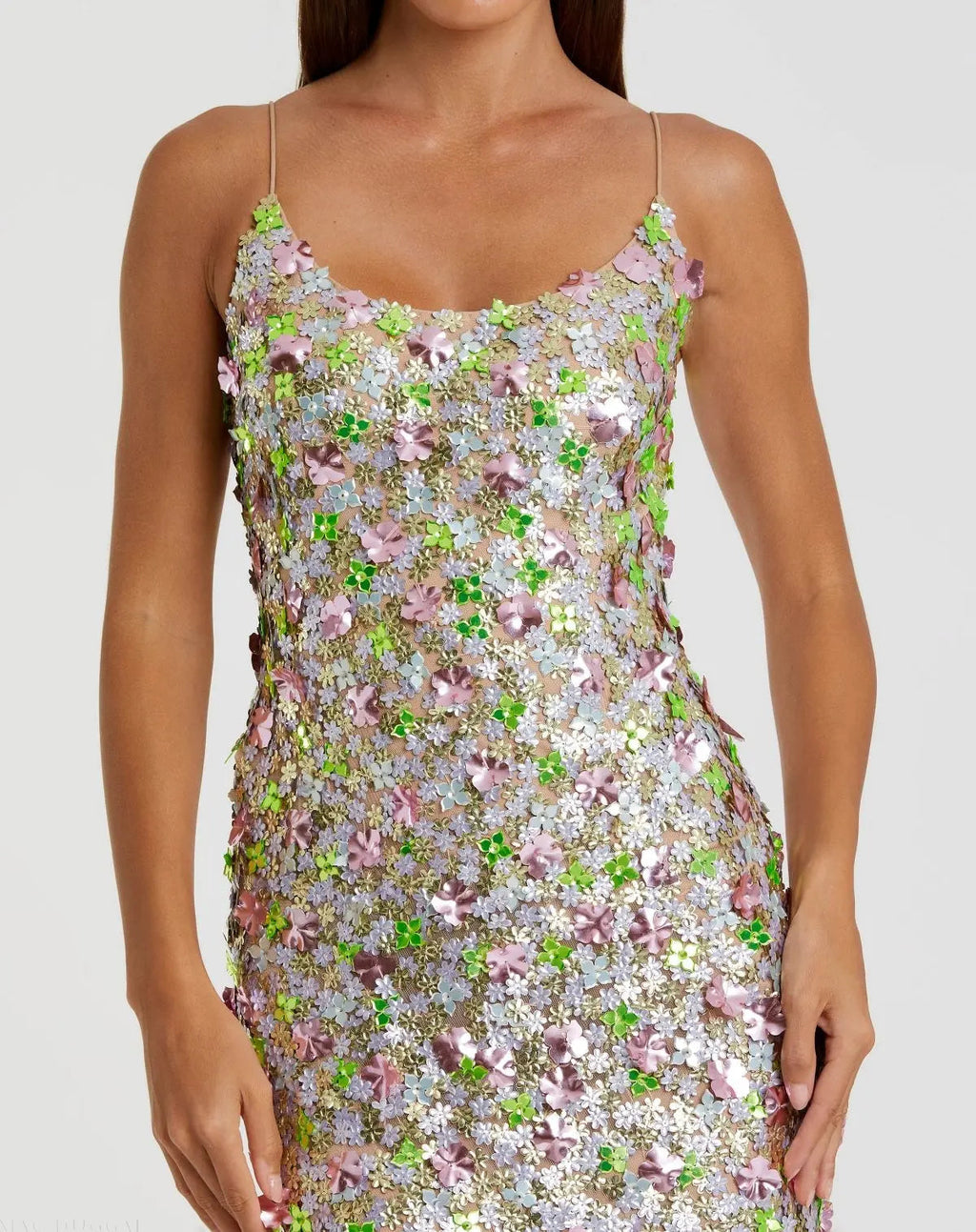 Multicolor Sleeveless Floral Paillette Embellished Mesh Gown