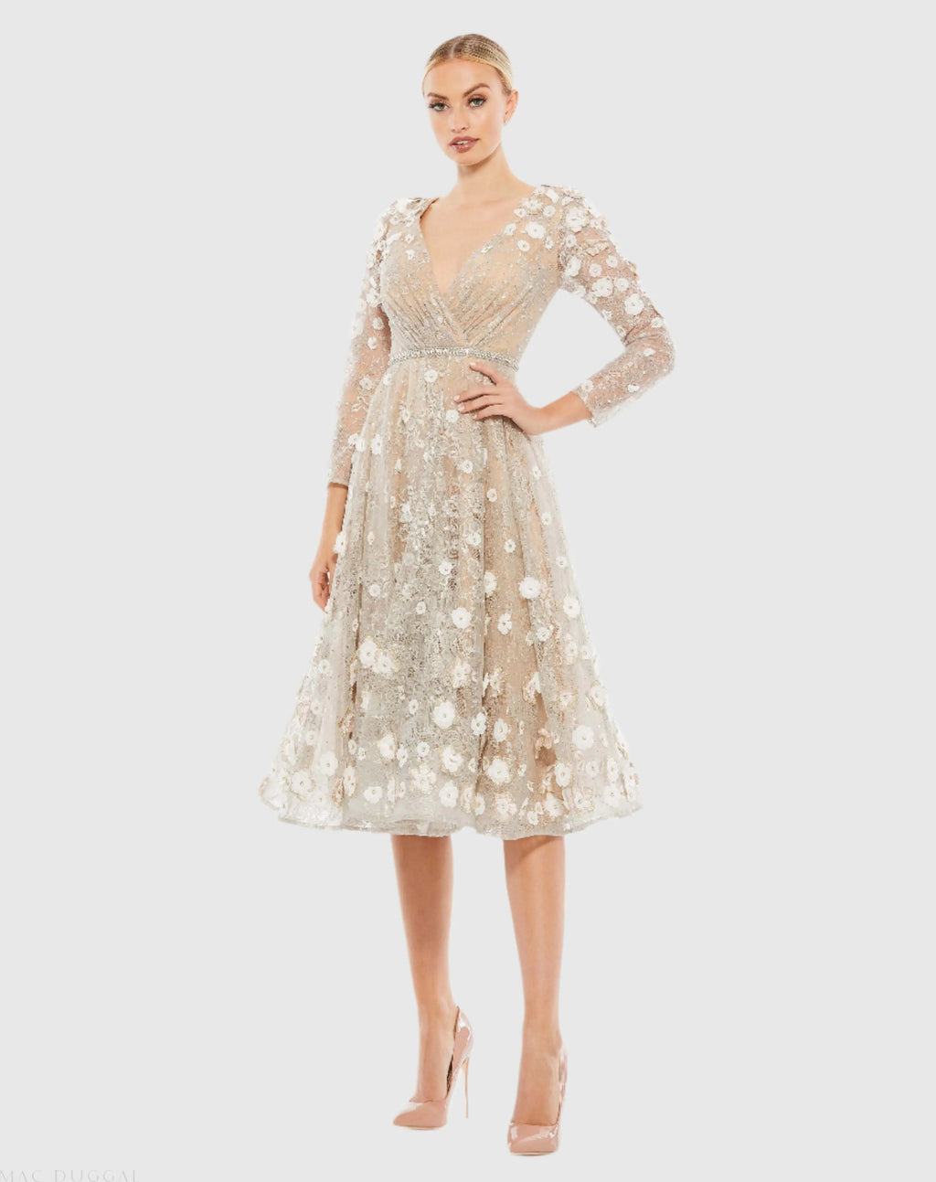 Beige Floral Embellished Lace A-Line Cocktail Dress