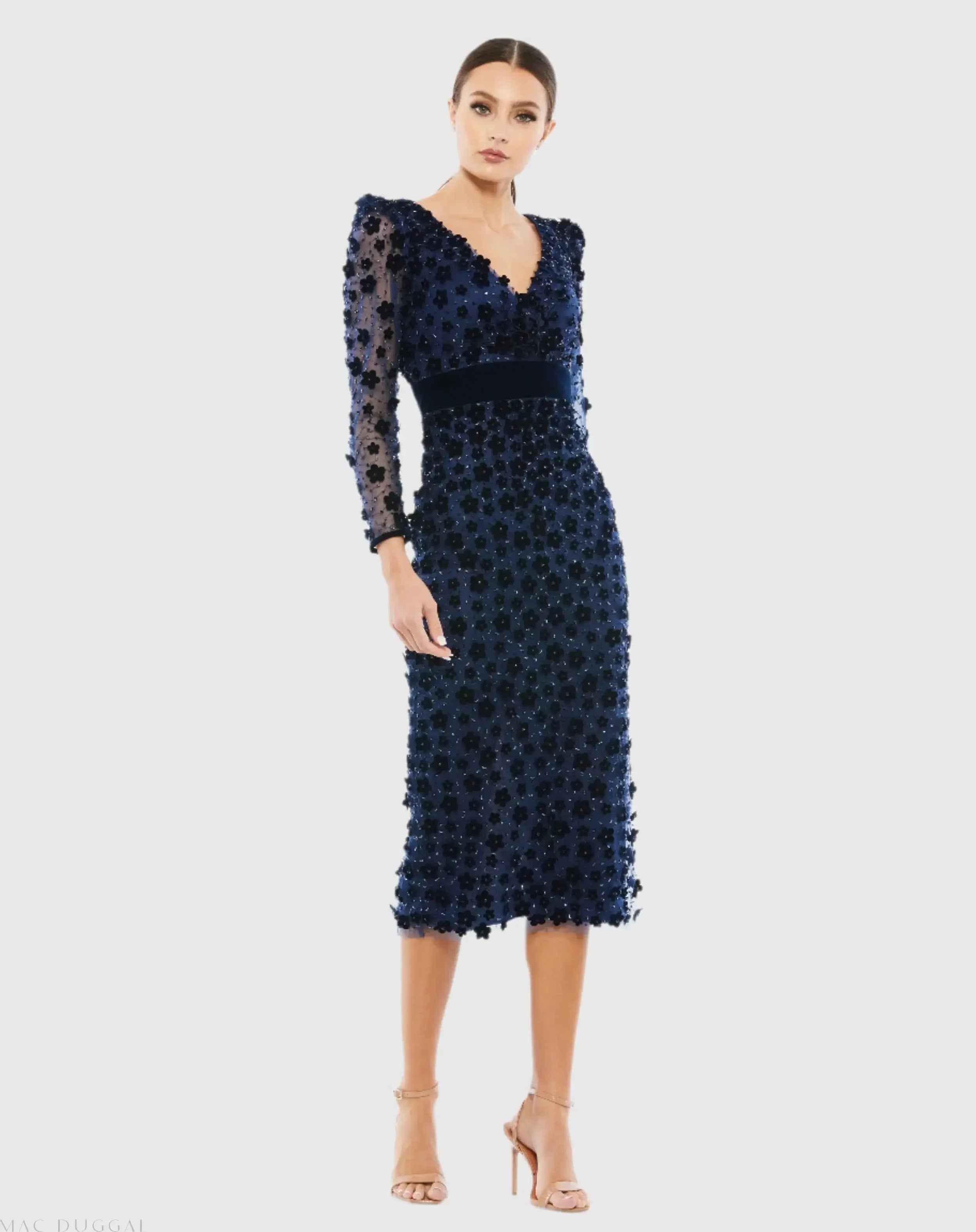Navy Velvet Embellished V Neck Long Sleeve Sheath Dress