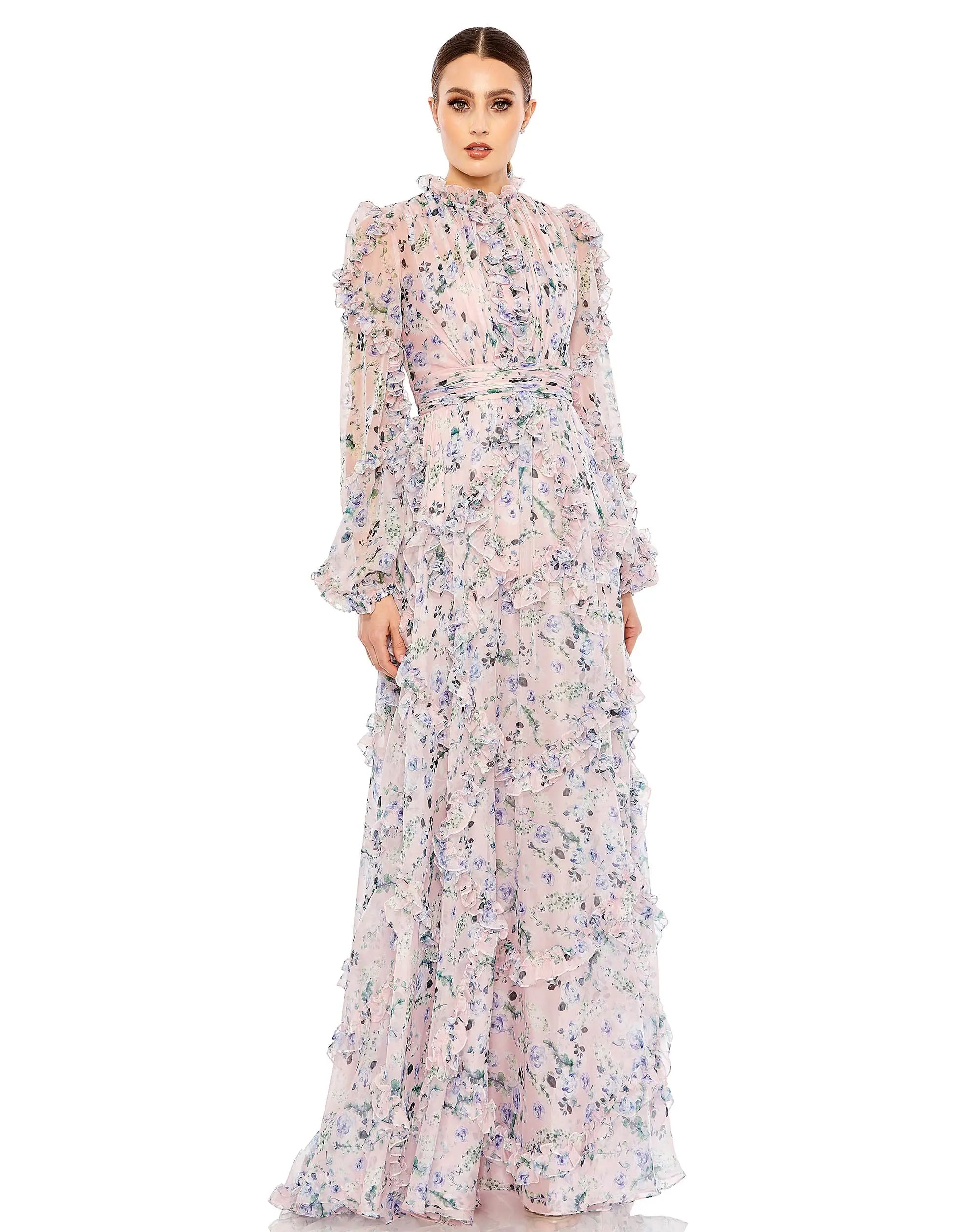 Light Pink Ruffle Tiered Puff Sleeve A Line Dress