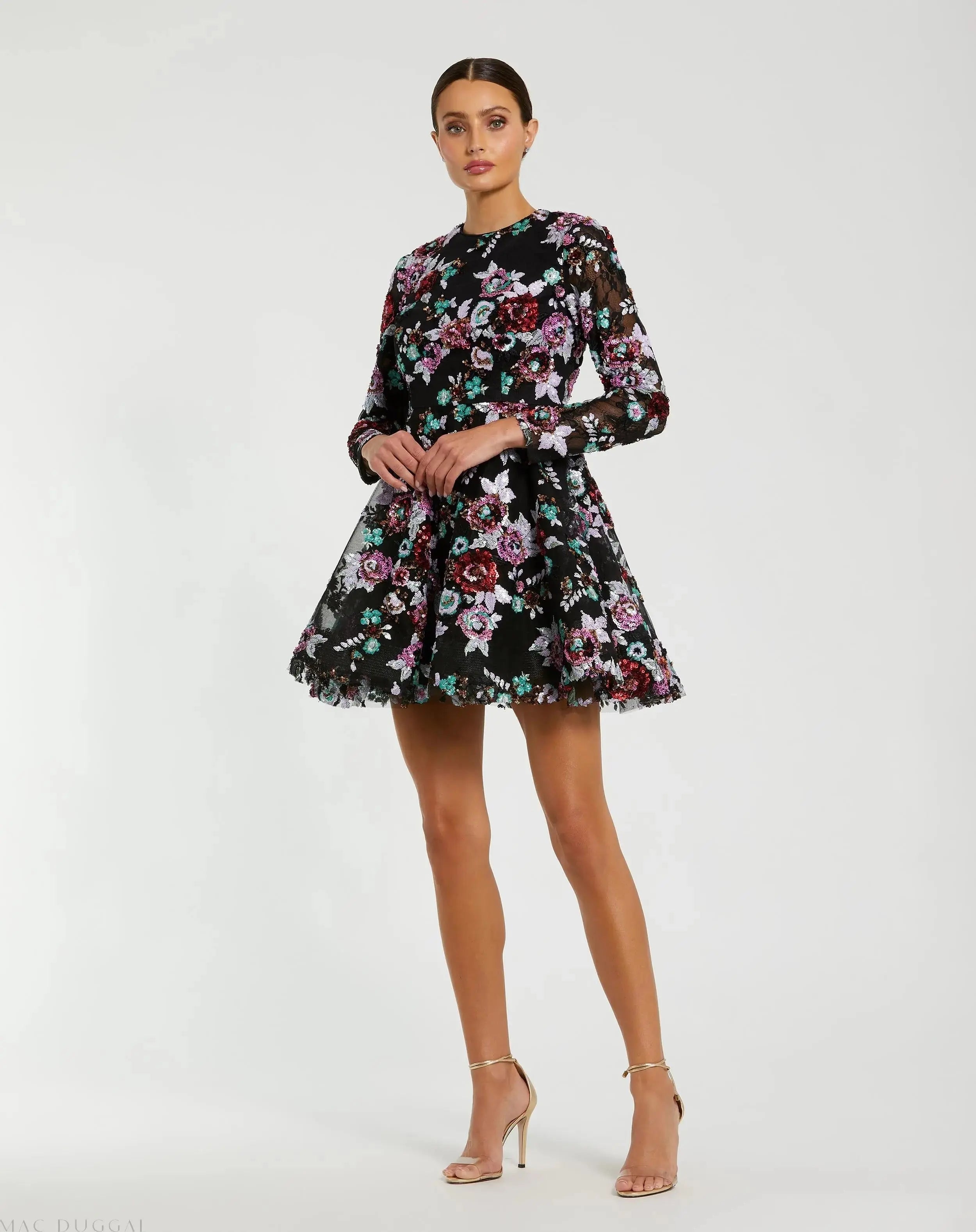 High Neck Long Sleeve Sequin A Line Mini Dress