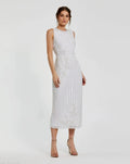 White Striped Floral Embellished Sleeveless Midi Dress