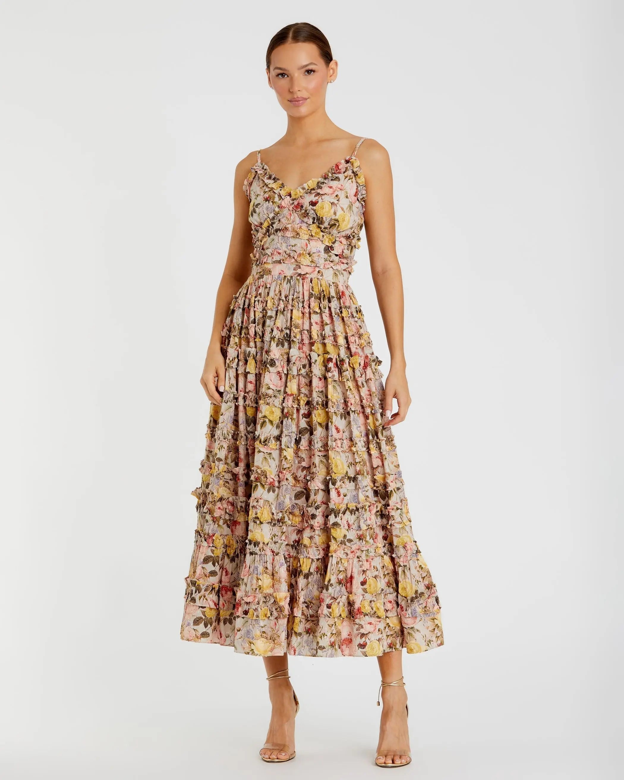 Beige Floral Print Ruffle Tiered Midi Dress