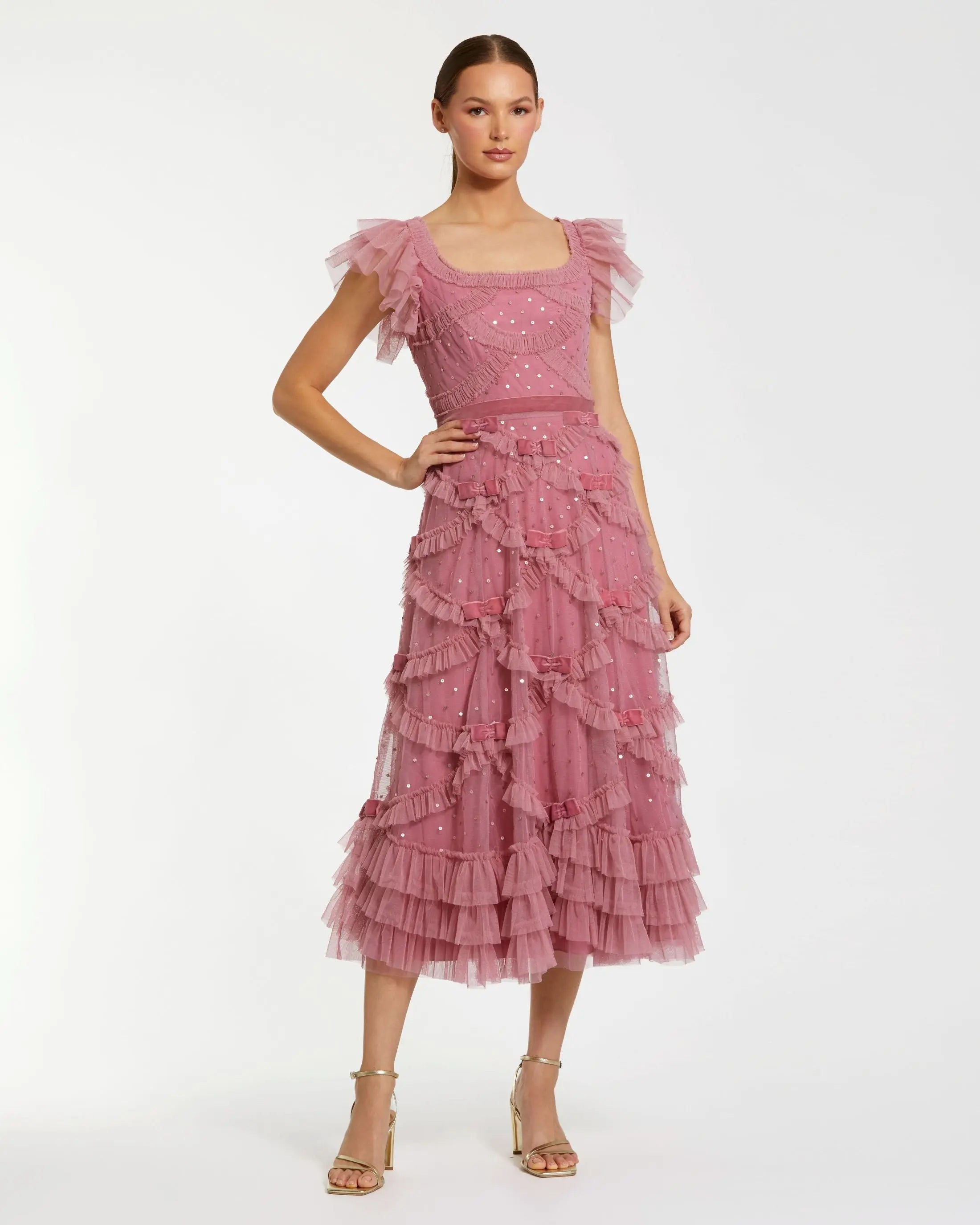 Pink Flutter Sleeve Sequin A Line Midi Dress