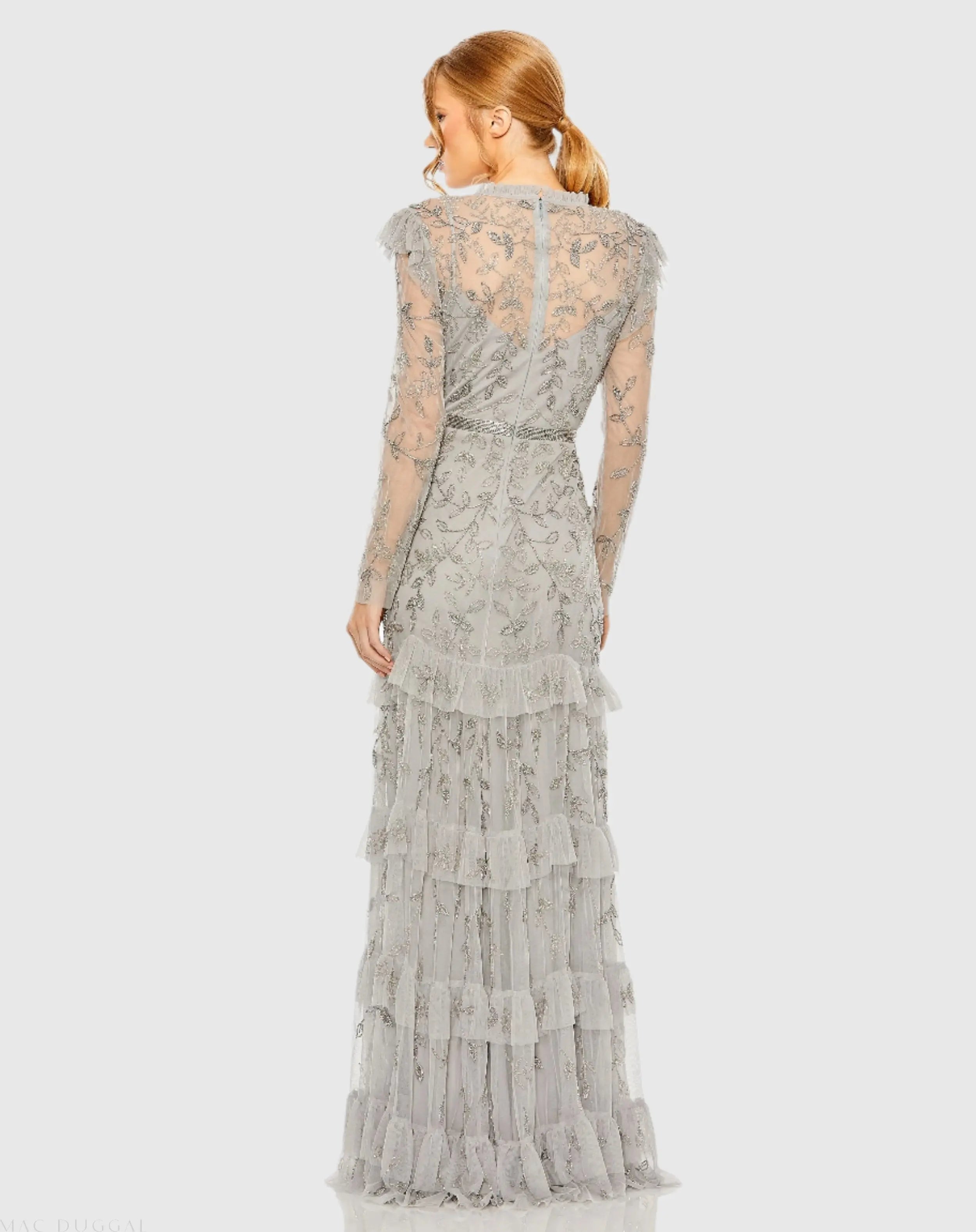 Silver High Neck Flutter Cap Long Sleeve Tiered Embellished Gown