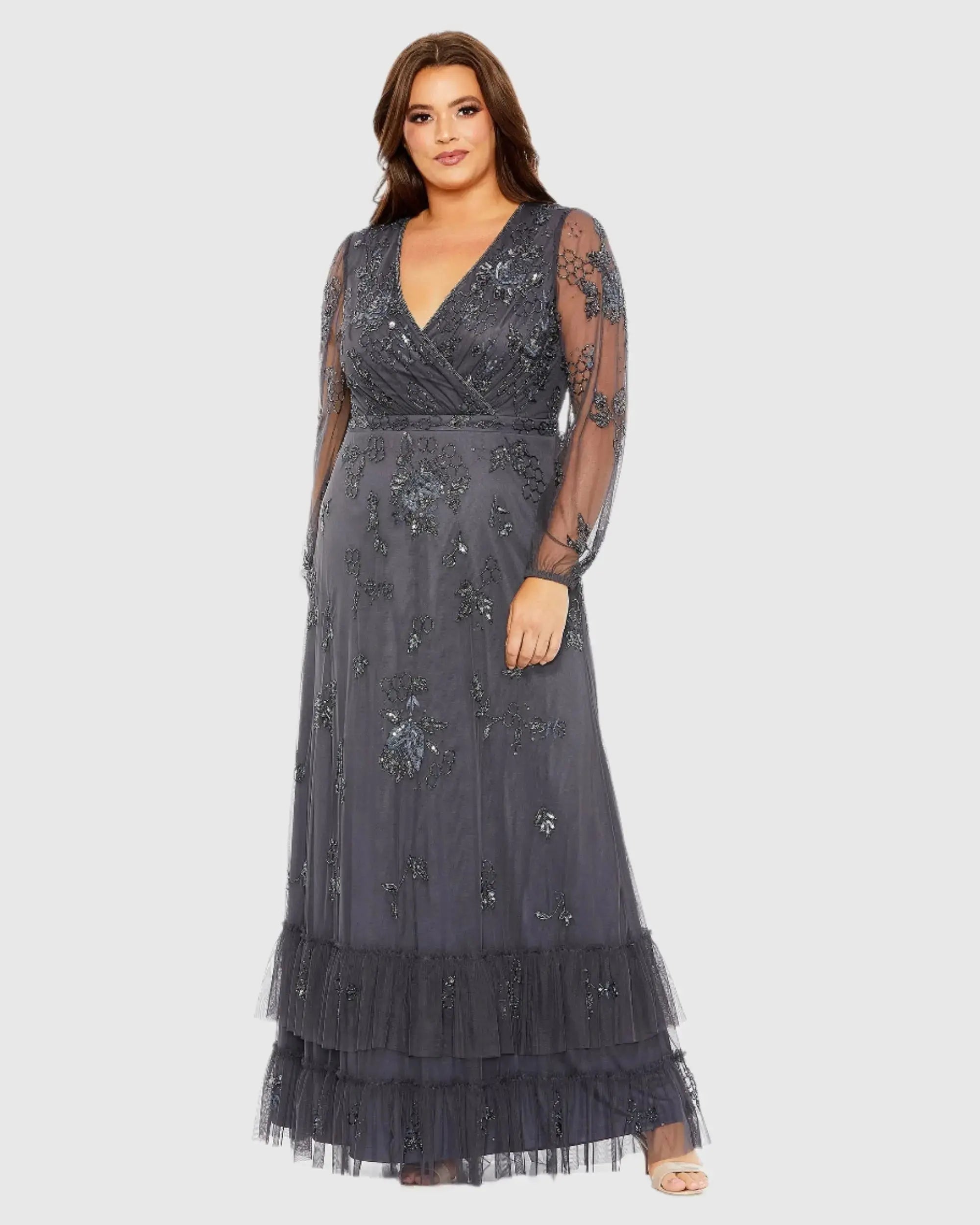 Gray Long Sleeve Embellished V-Neck Gown (Plus)