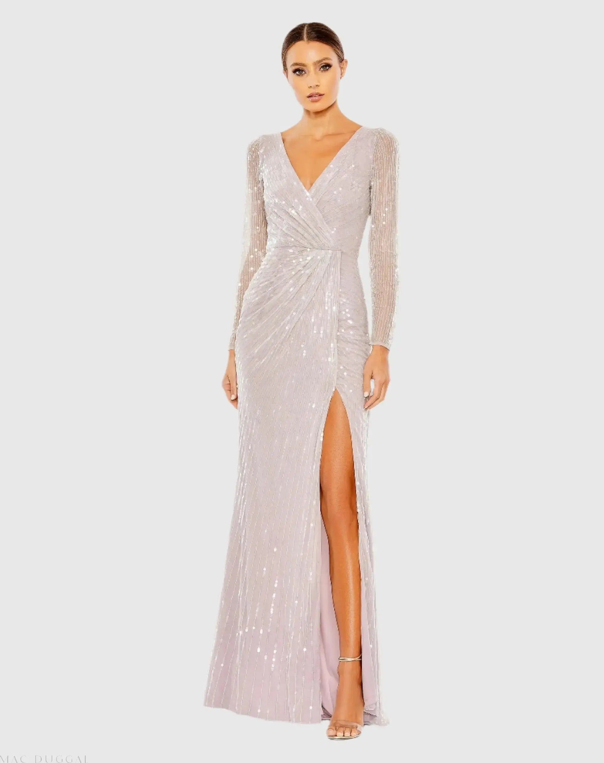 Purple Sequined Faux Wrap Long Sleeve Gown