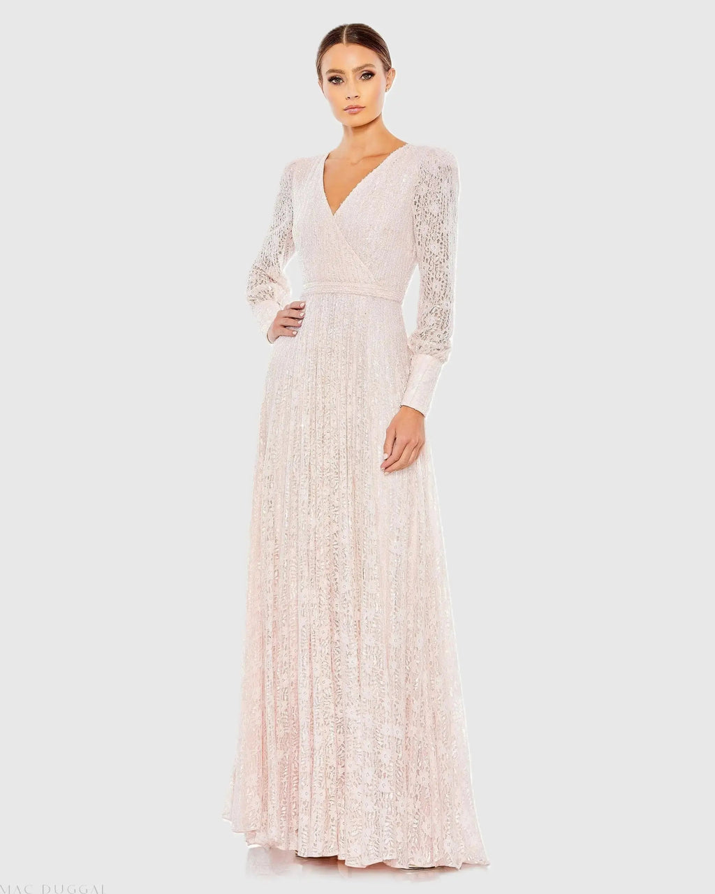 Pink Beaded Lace Long Sleeve Wrap Over Gown - FINAL SALE