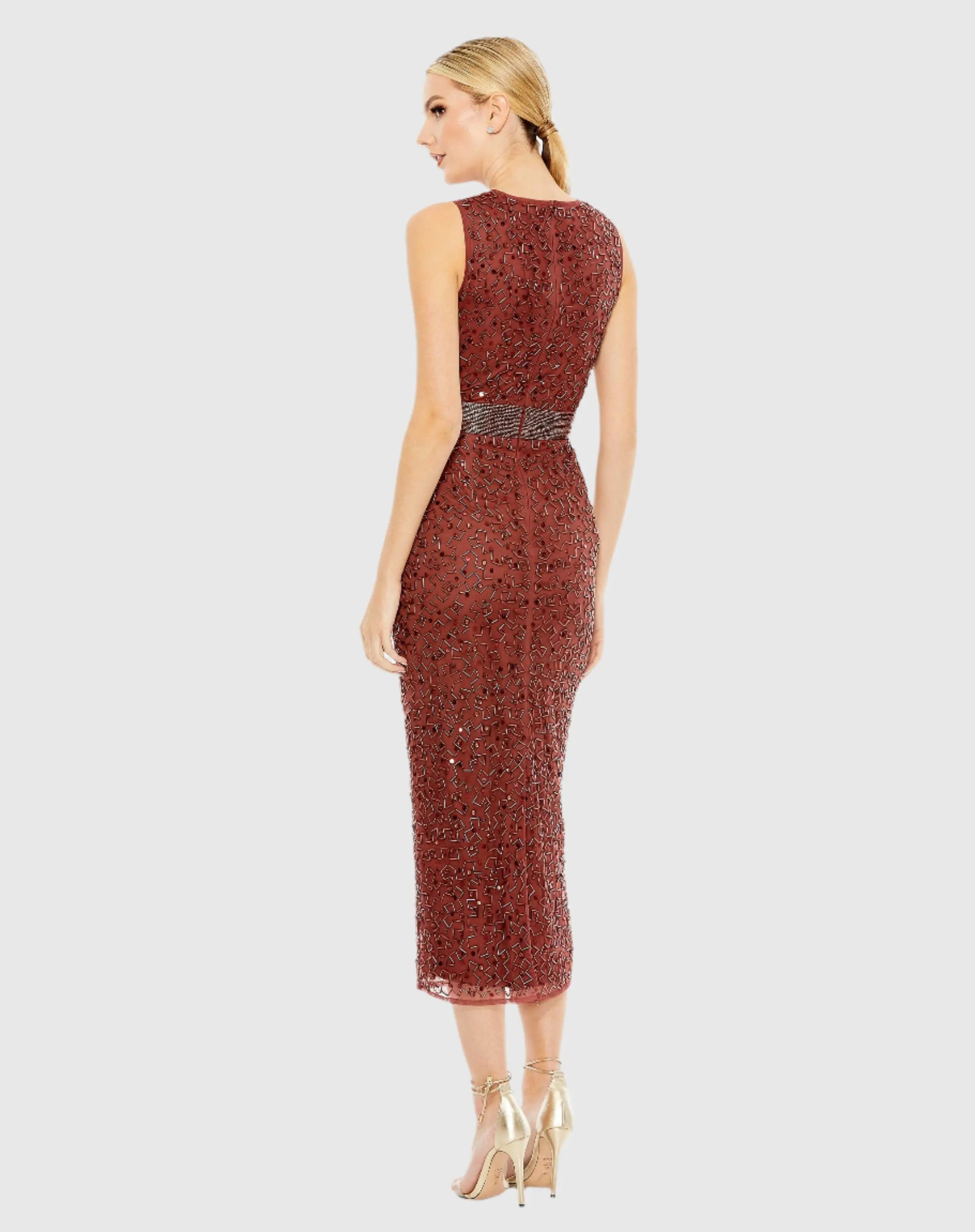 Red Geometric Embellished Sleeveless Sheath Dress