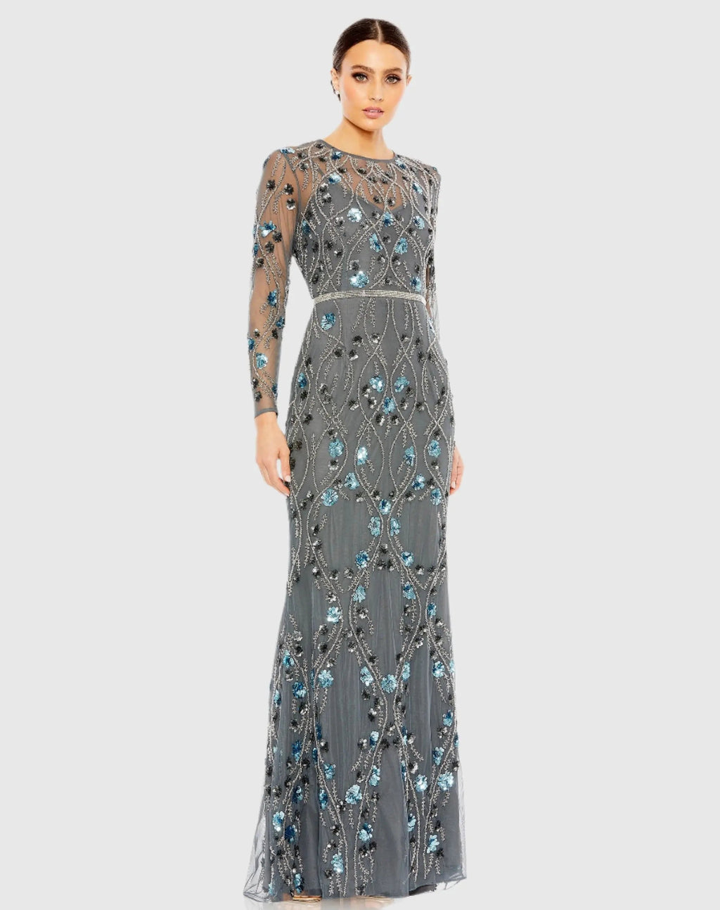 Gray Floral Embellished Long Sleeve Gown
