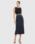 Navy Sleeveless High Neck Beaded Midi Sheath Dress