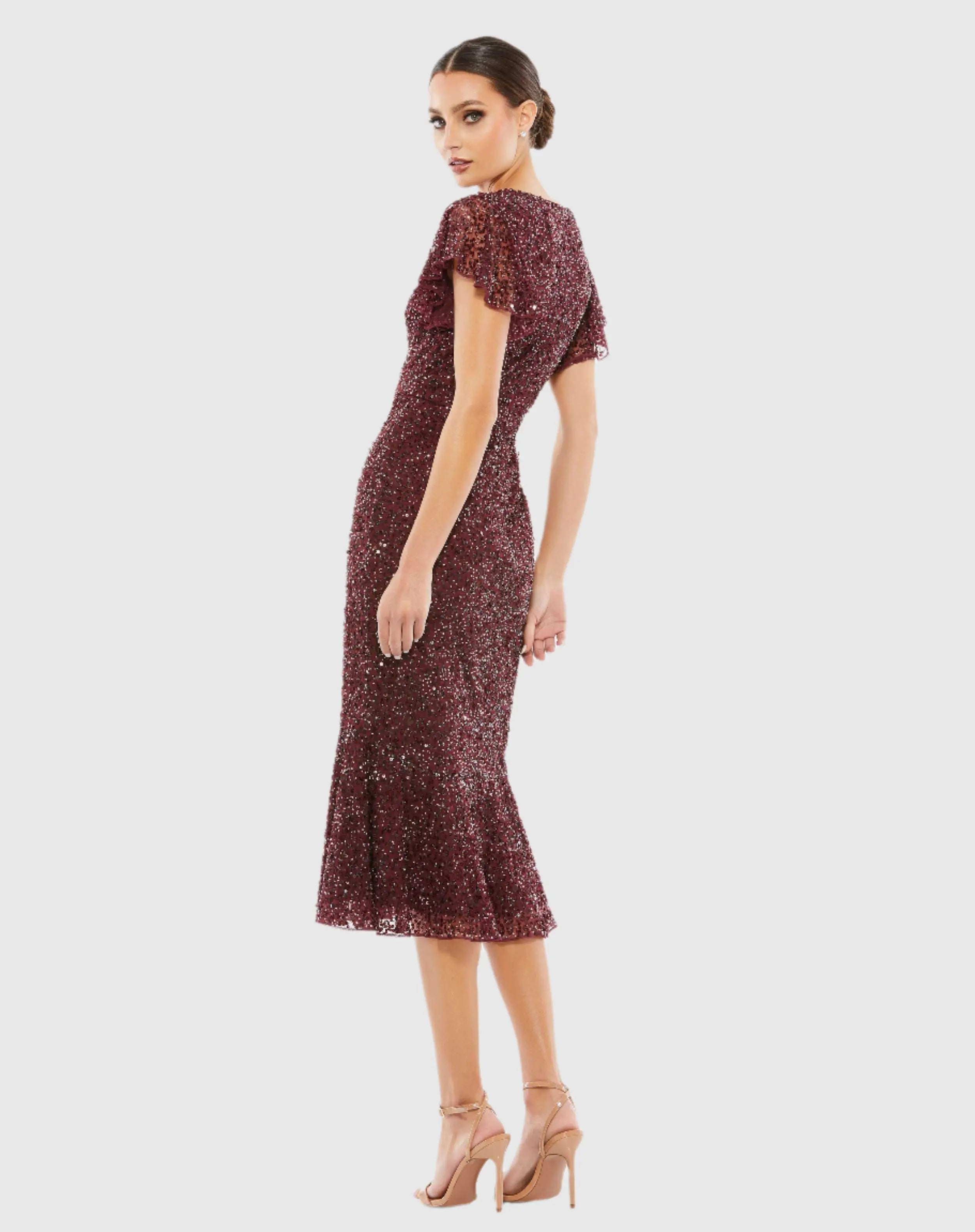 Red Sequined V Neck Flutter Cap Sleeve Trumpet Dress