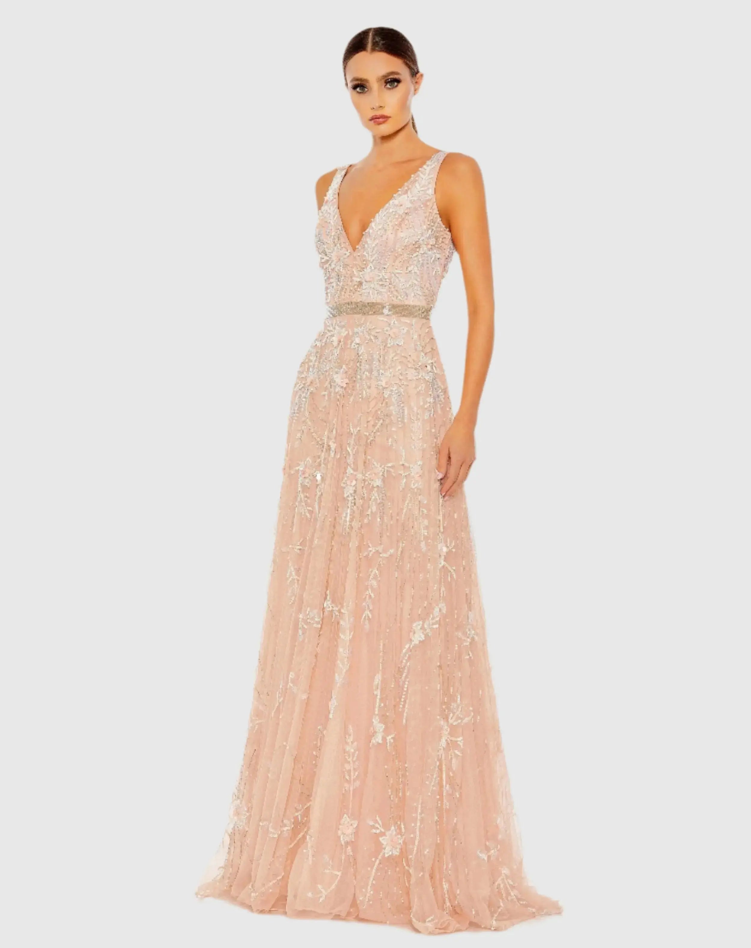 Sleeveless V-Neck Embellished Tulle Gown