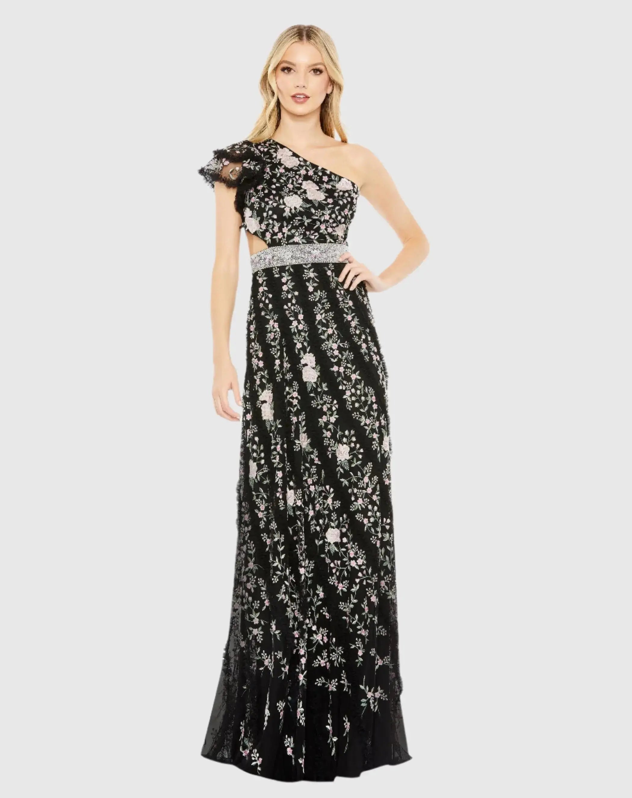 Multicolor Embroidered Ruffled One Shoulder Lace Up Gown