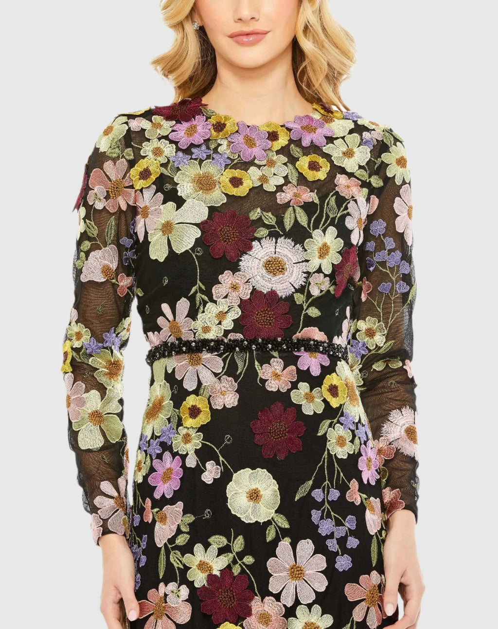 Black Embroidered Applique High Neck Long Sleeve Trumpet Gown - FINAL SALE