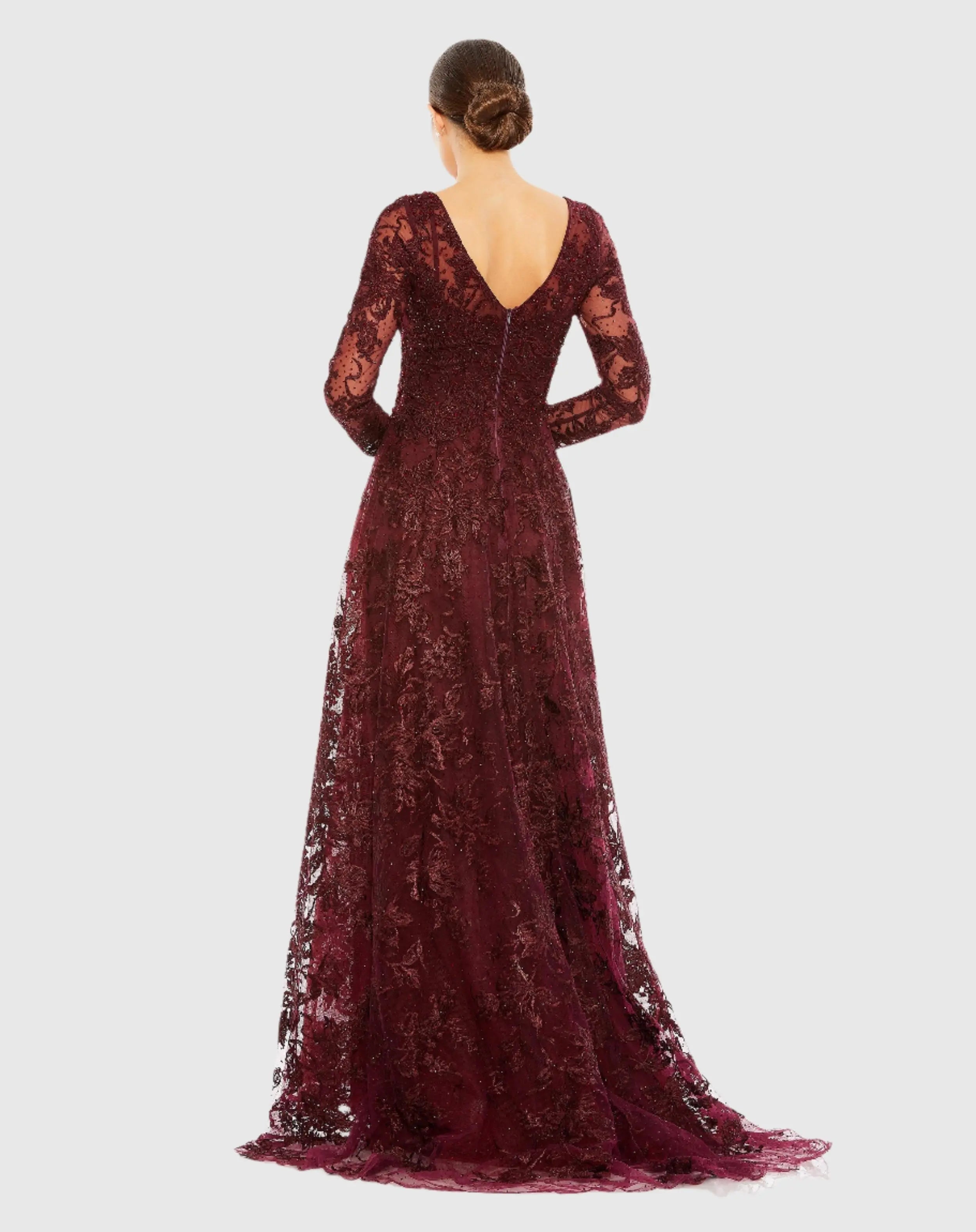 Red Embroidered Illusion Long Sleeve V Neck Gown