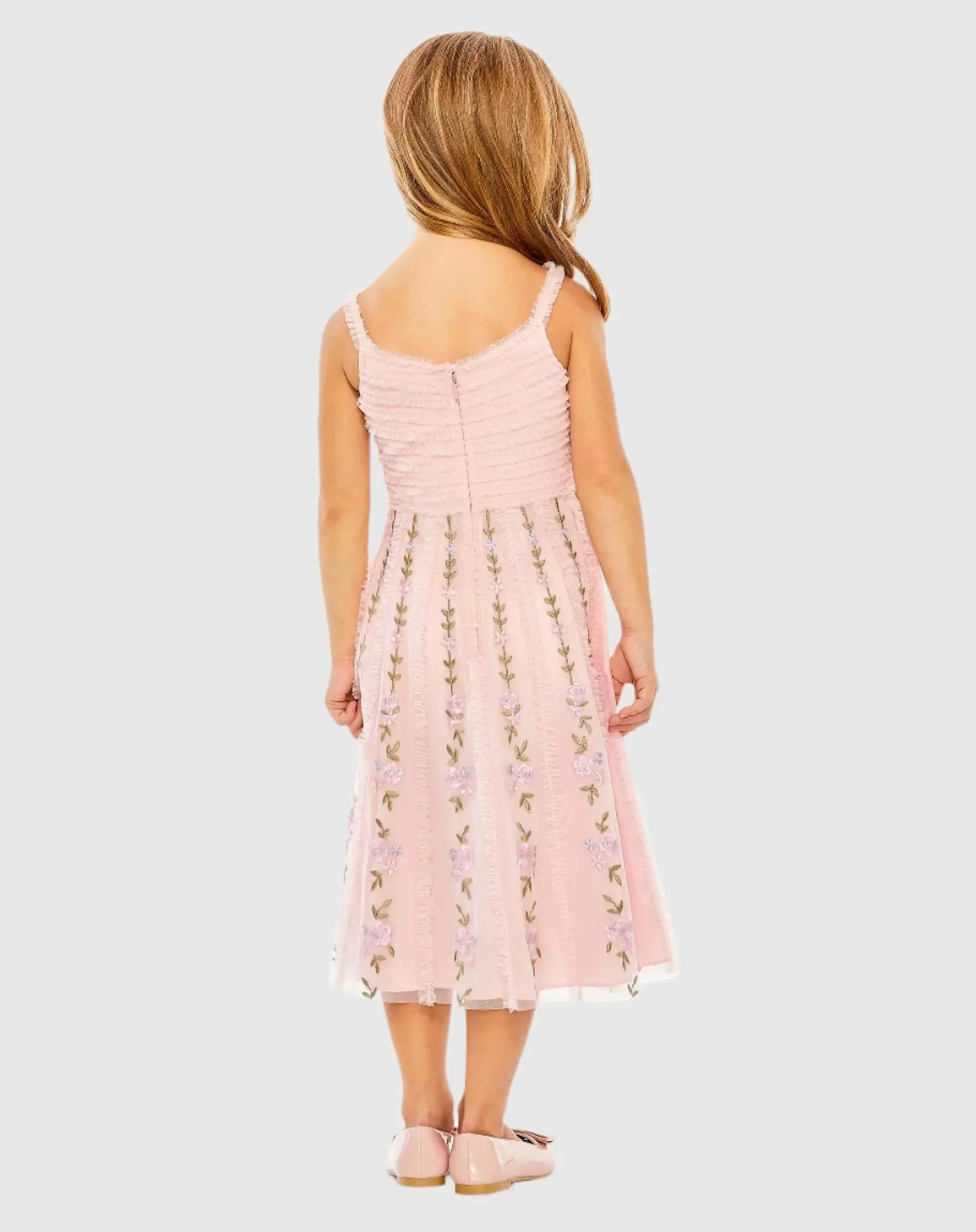 Pink Girls Ruffle Floral Embroidered Detail Mini Dress