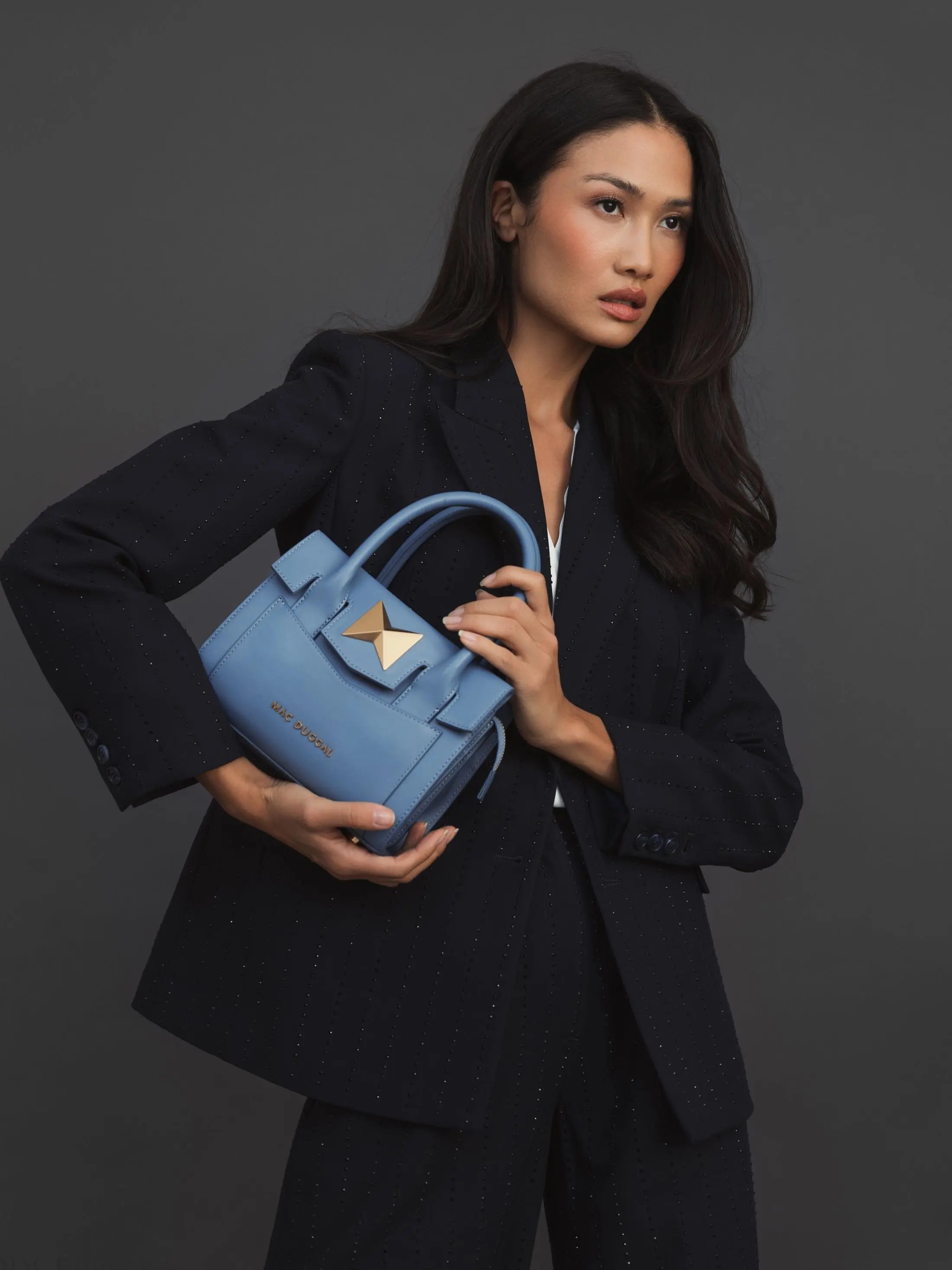 Blue Small Leather Tote Bag With Gold Hardware