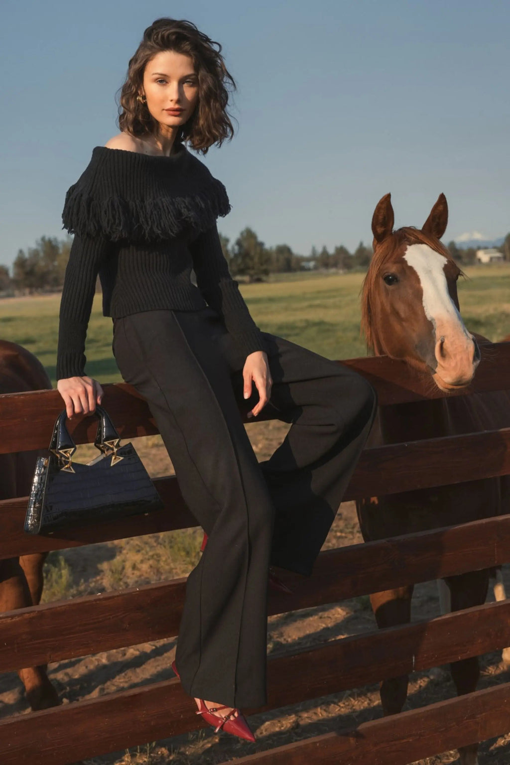 Black Off The Shoulder Fringe Knit Sweater