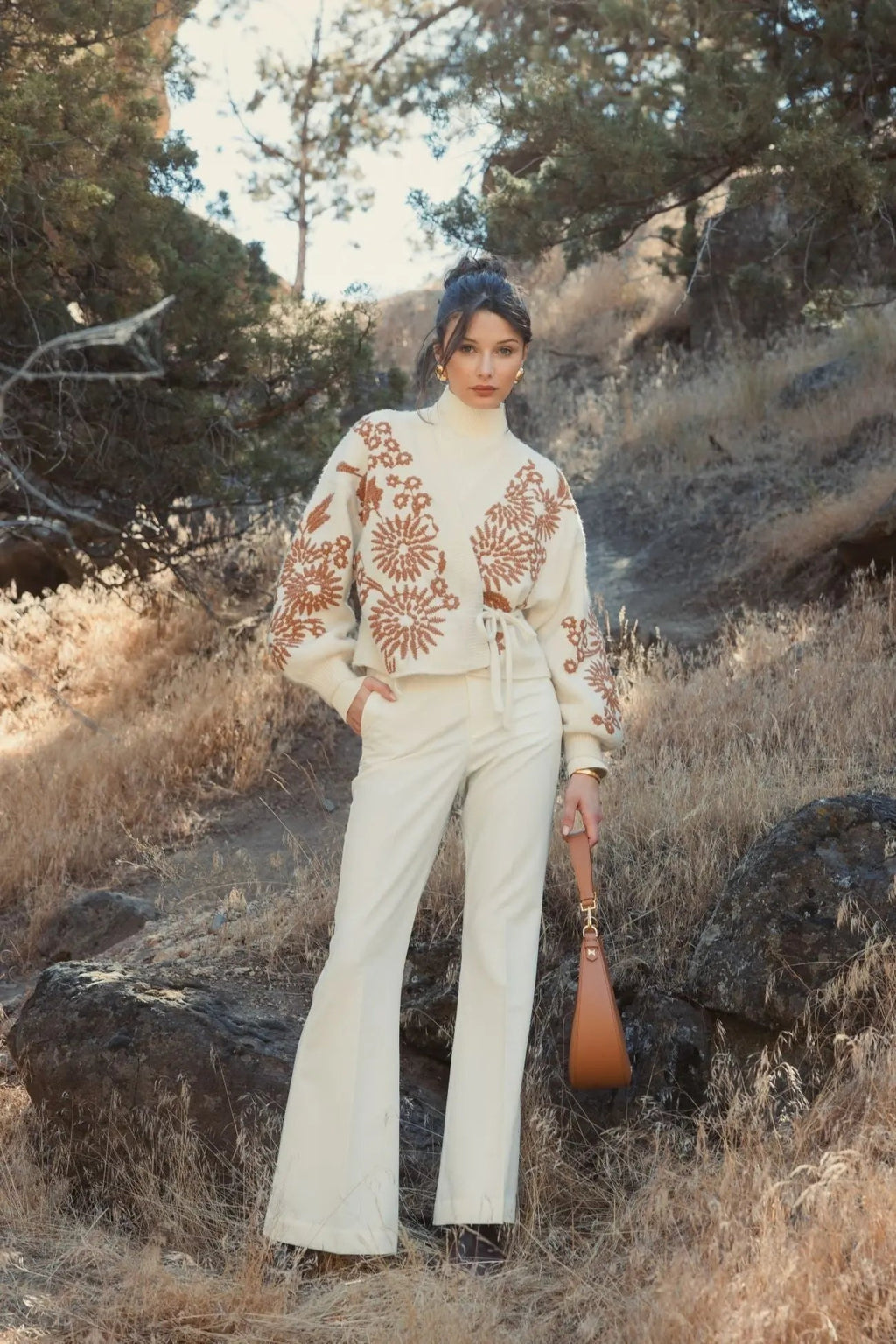 White Cropped Knit Cardigan With Floral Details