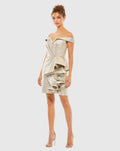 Metallic Off Shoulder Side Ruffle Mini Dress