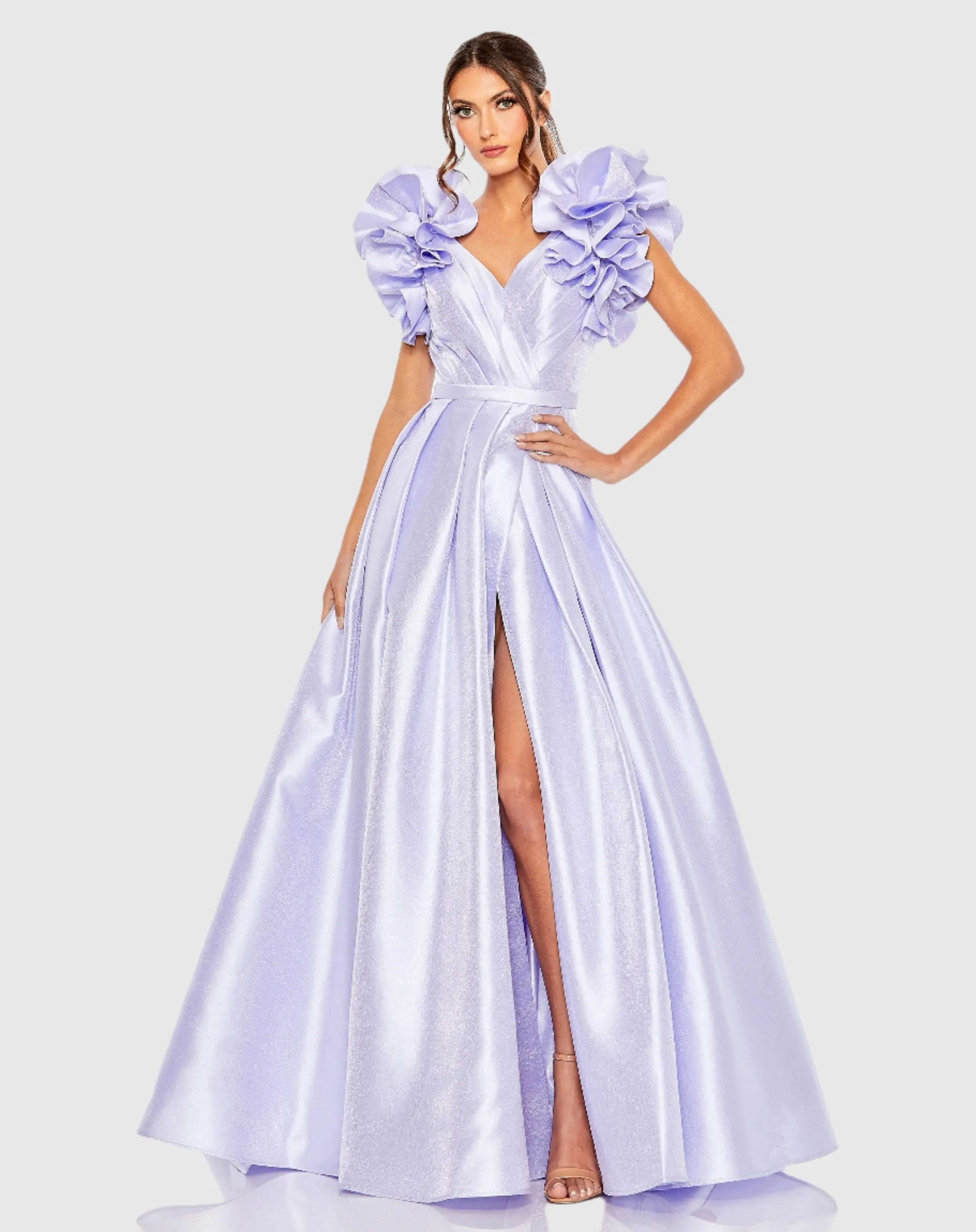 Purple Flutter Sleeve V-Neck Ballgown with Slit