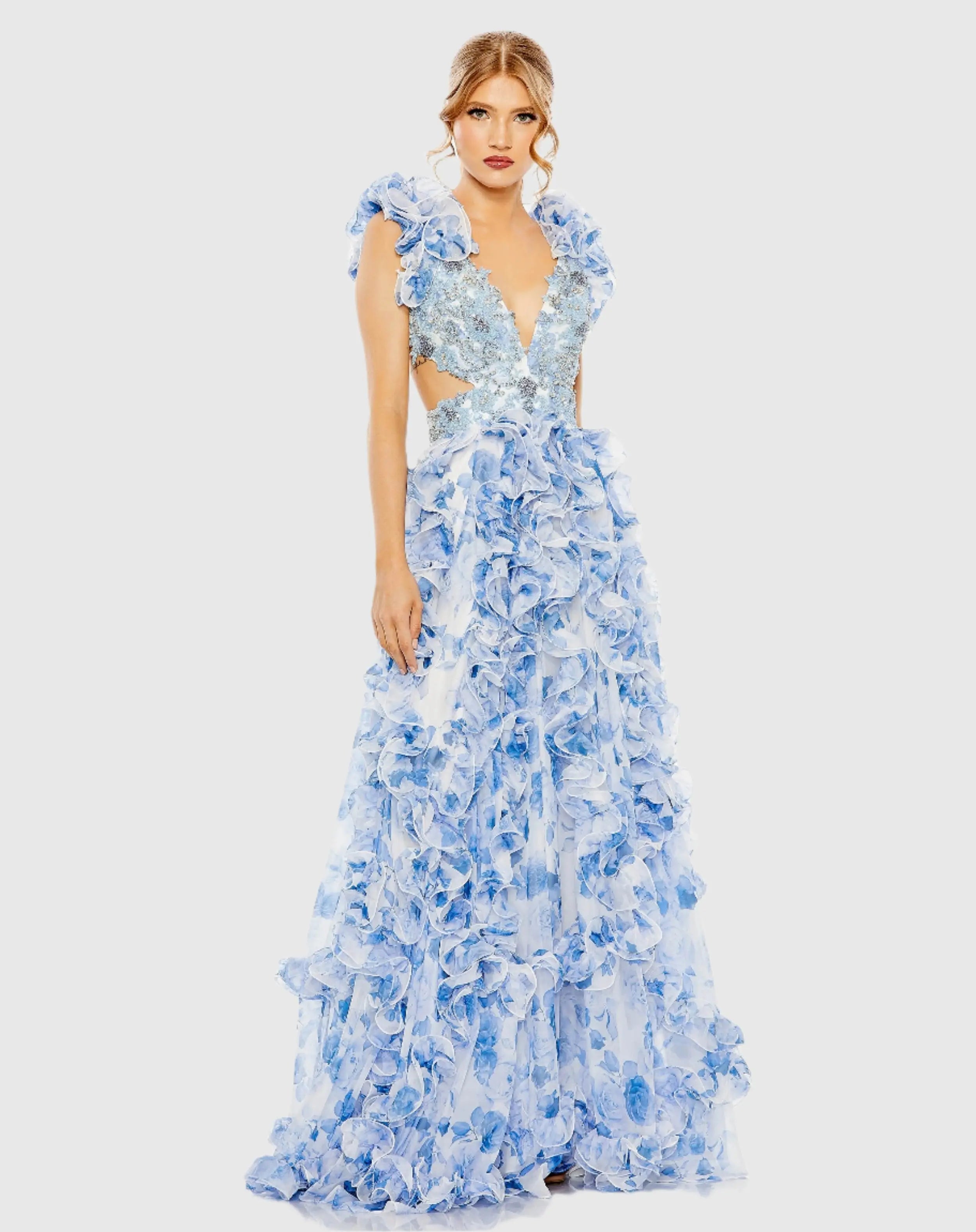 Blue Ruffle Tiered Cap Sleeve Cut Out Open Back Gown